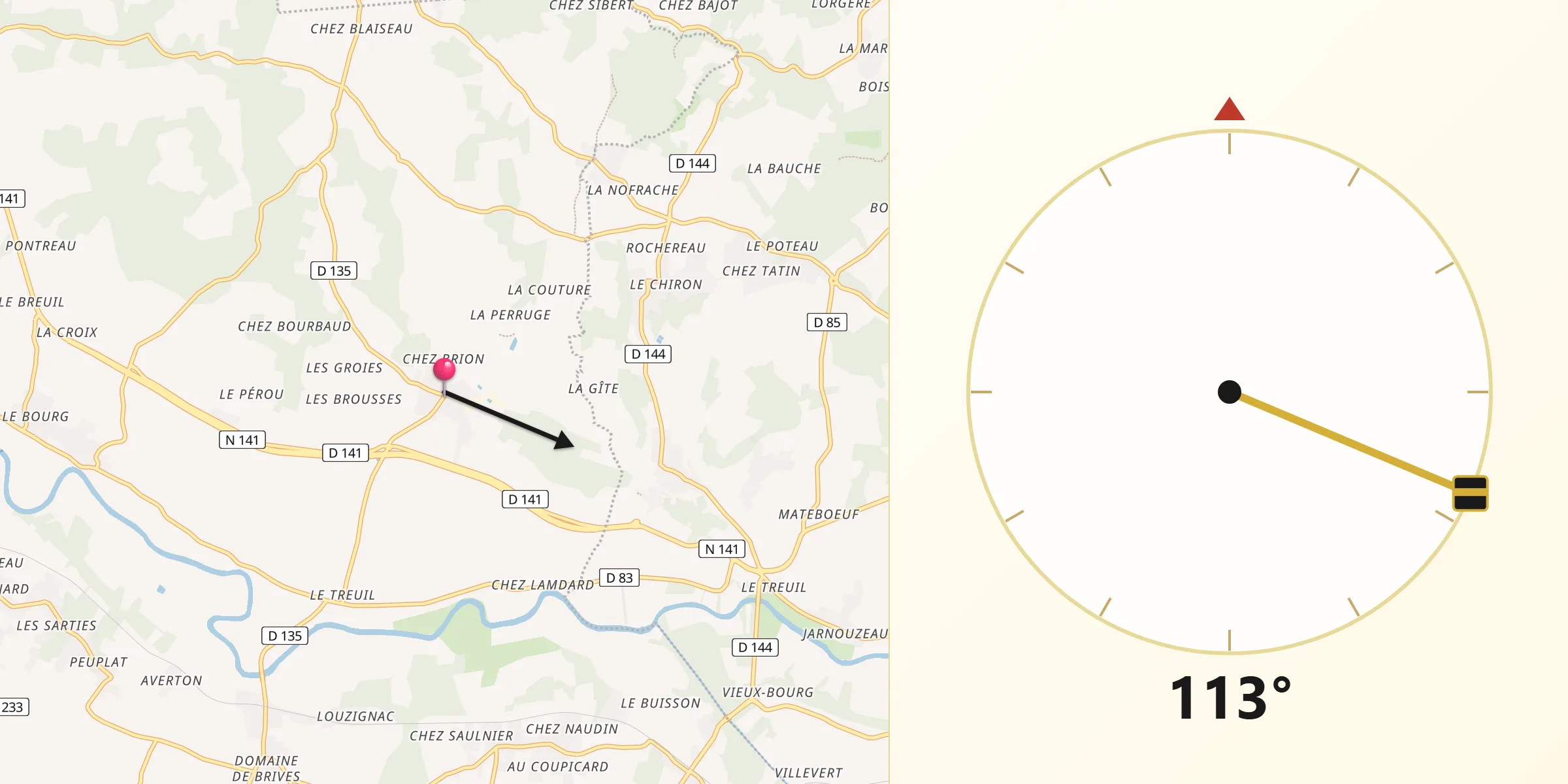 Direction vers la Qibla depuis Chérac