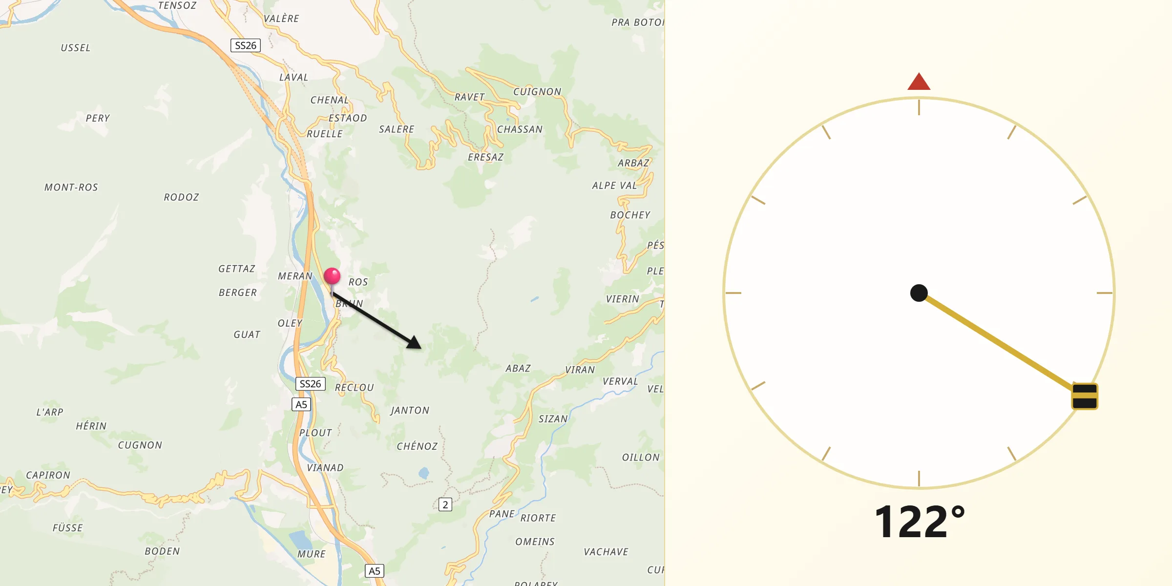 Direzione della Qibla da Montjovet