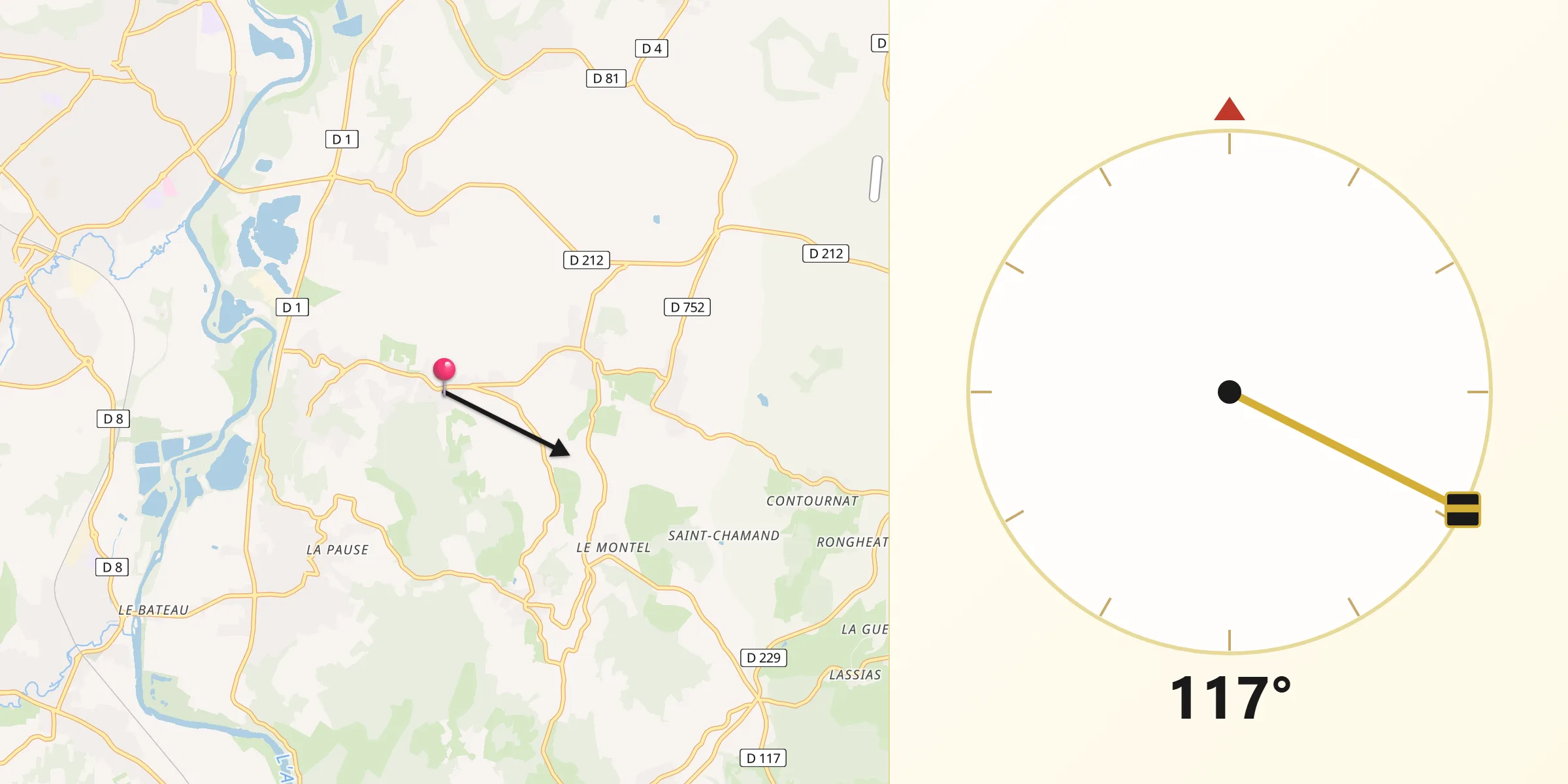 Direction vers la Qibla depuis Saint-Georges-sur-Allier