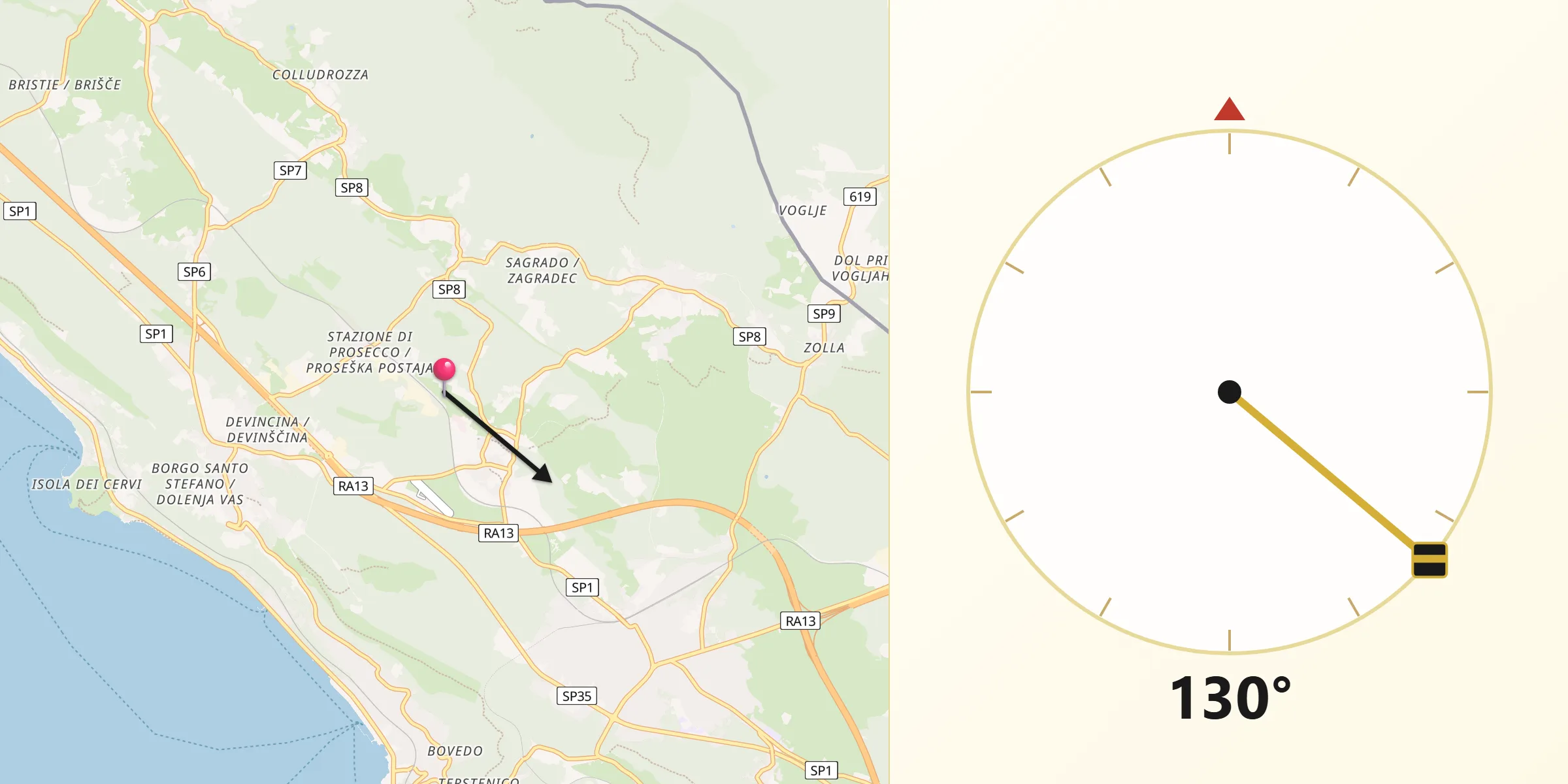 Direzione della Qibla da Provincia di Trieste