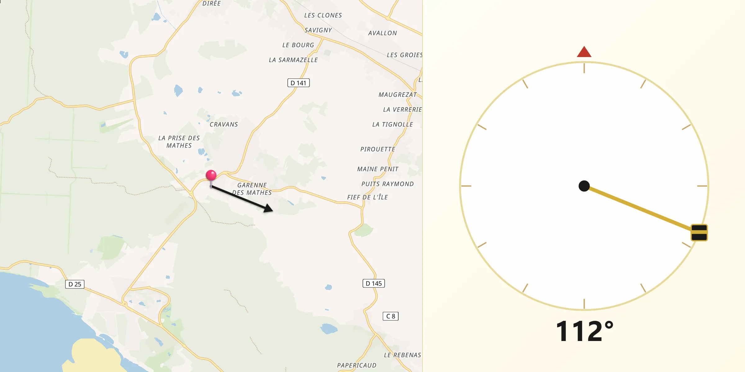 Direction vers la Qibla depuis Les Mathes