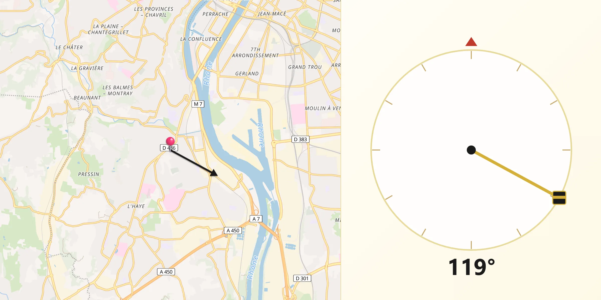Direction vers la Qibla depuis Oullins