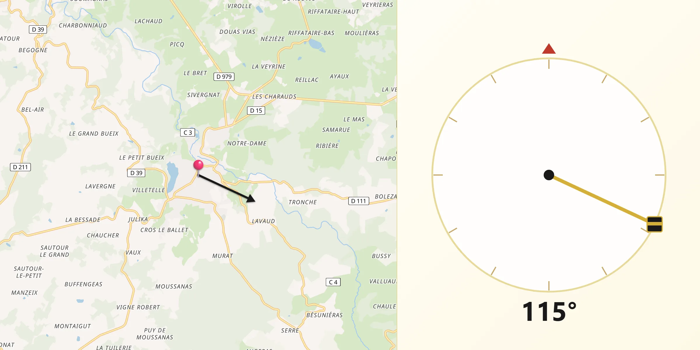 Direction vers la Qibla depuis Châteauneuf-la-Forêt