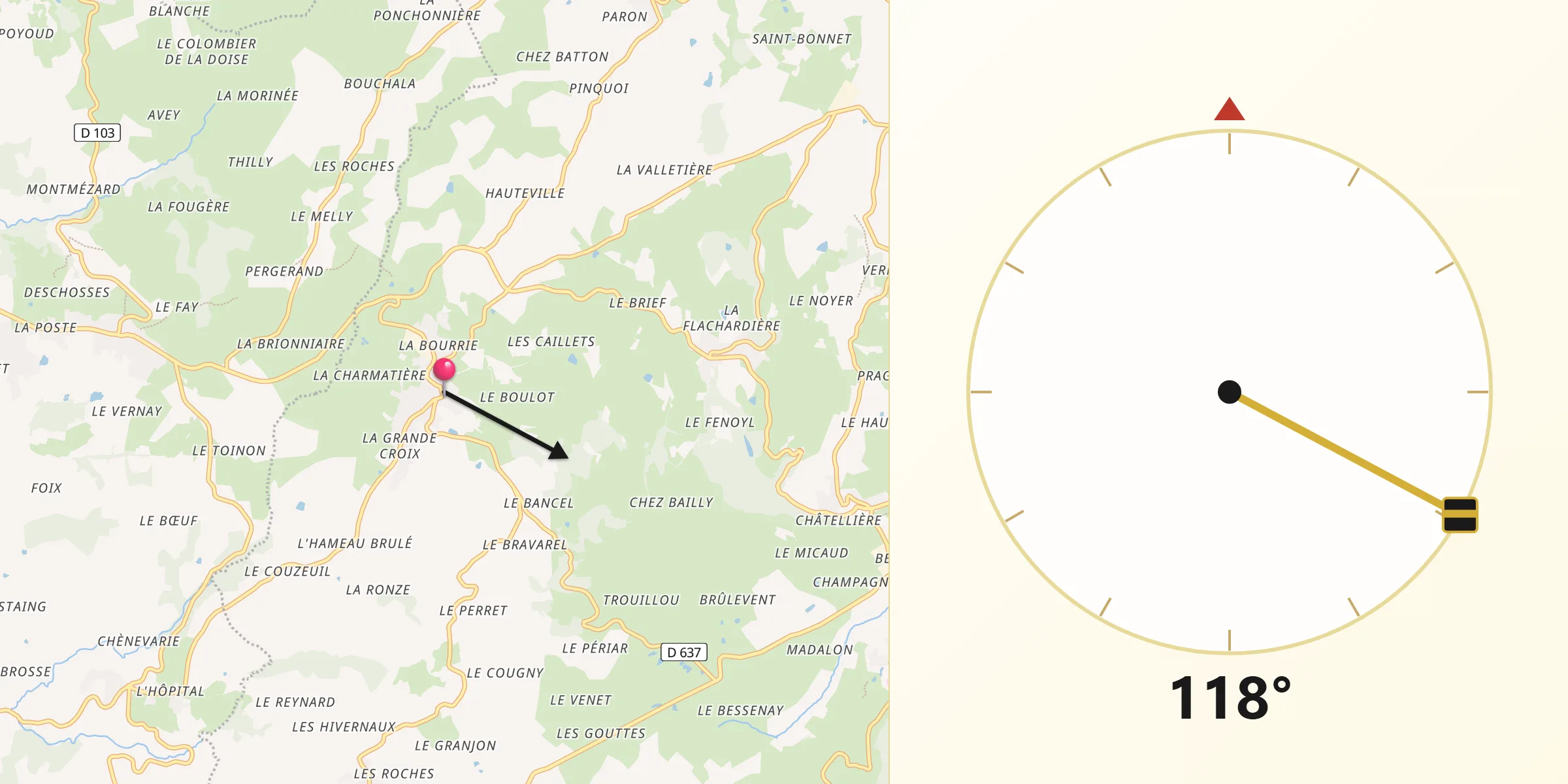 Direction vers la Qibla depuis Haute-Rivoire