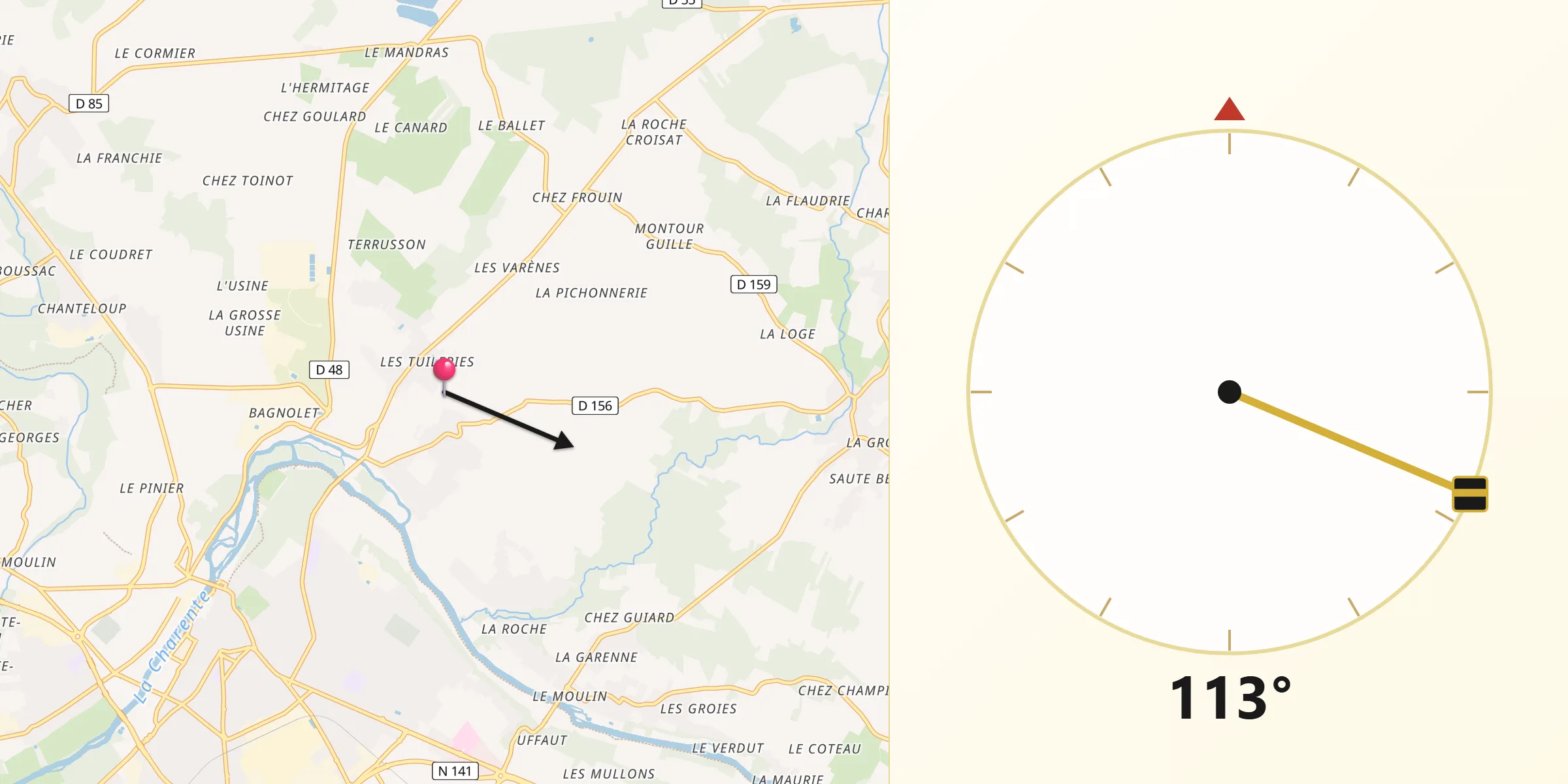 Direction vers la Qibla depuis Boutiers-Saint-Trojan