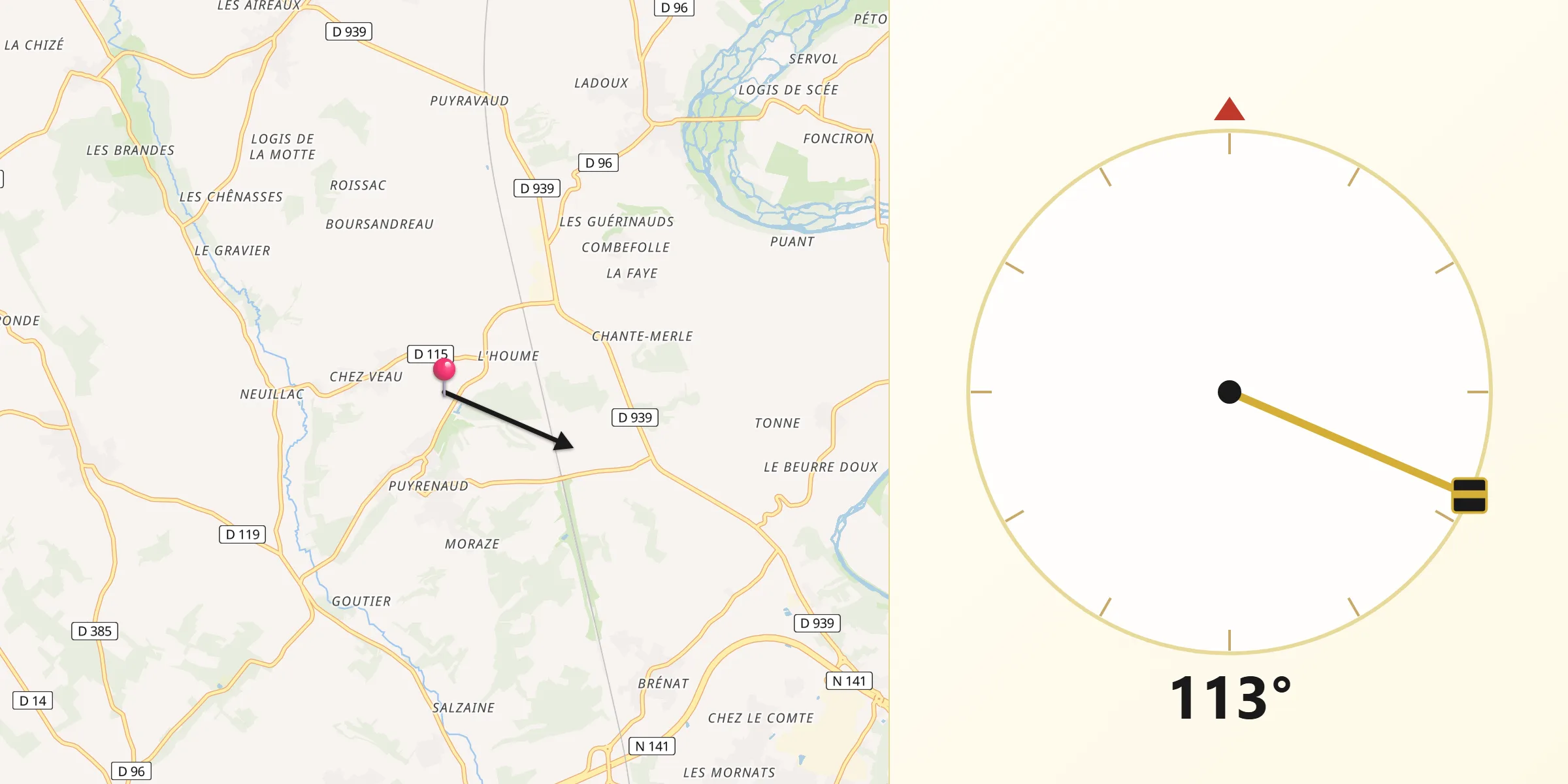 Direction vers la Qibla depuis Asnières-sur-Nouère