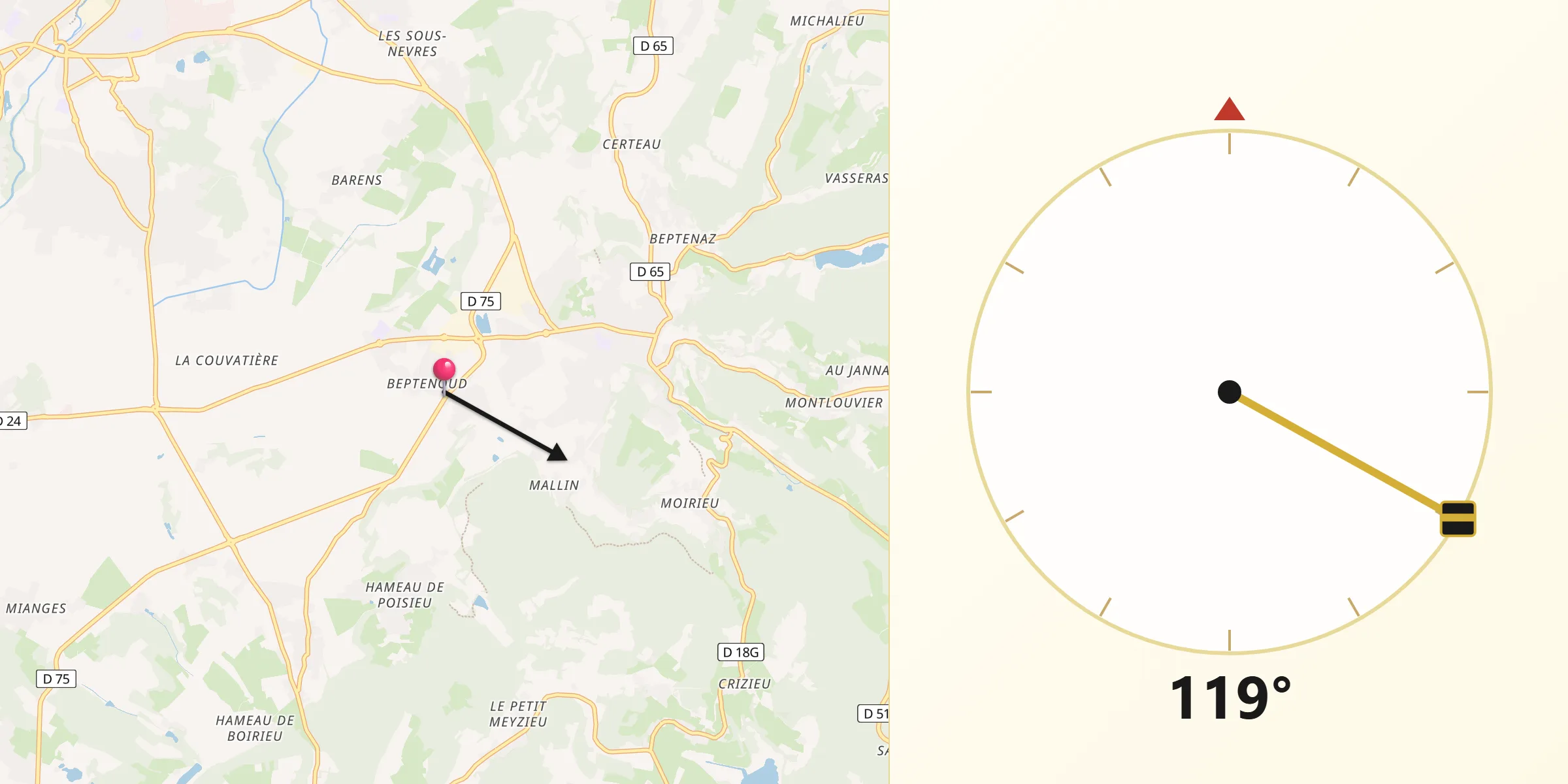 Direction vers la Qibla depuis Villemoirieu