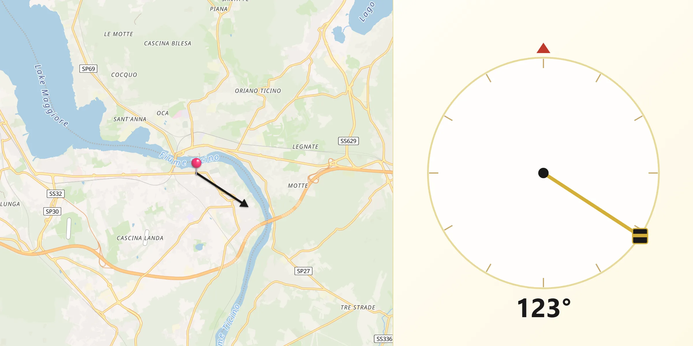 Direzione della Qibla da Castelletto Sopra Ticino