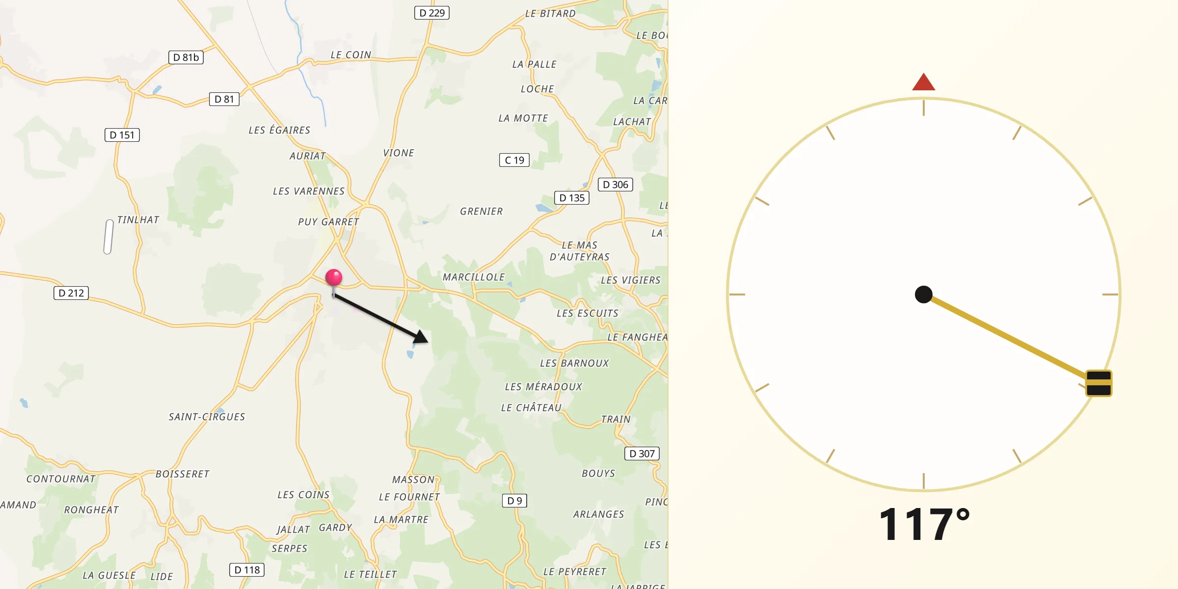 Direction vers la Qibla depuis Billom