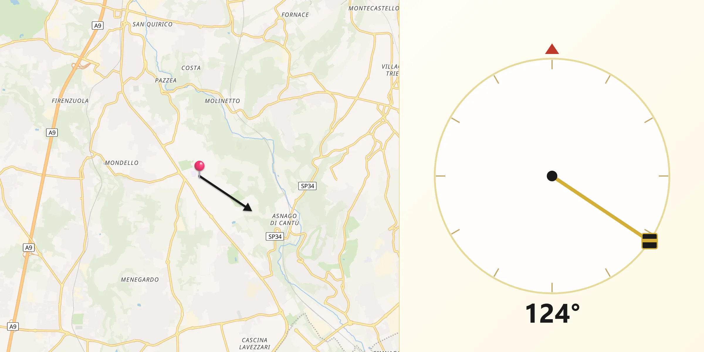 Direzione della Qibla da Vertemate Con Minoprio