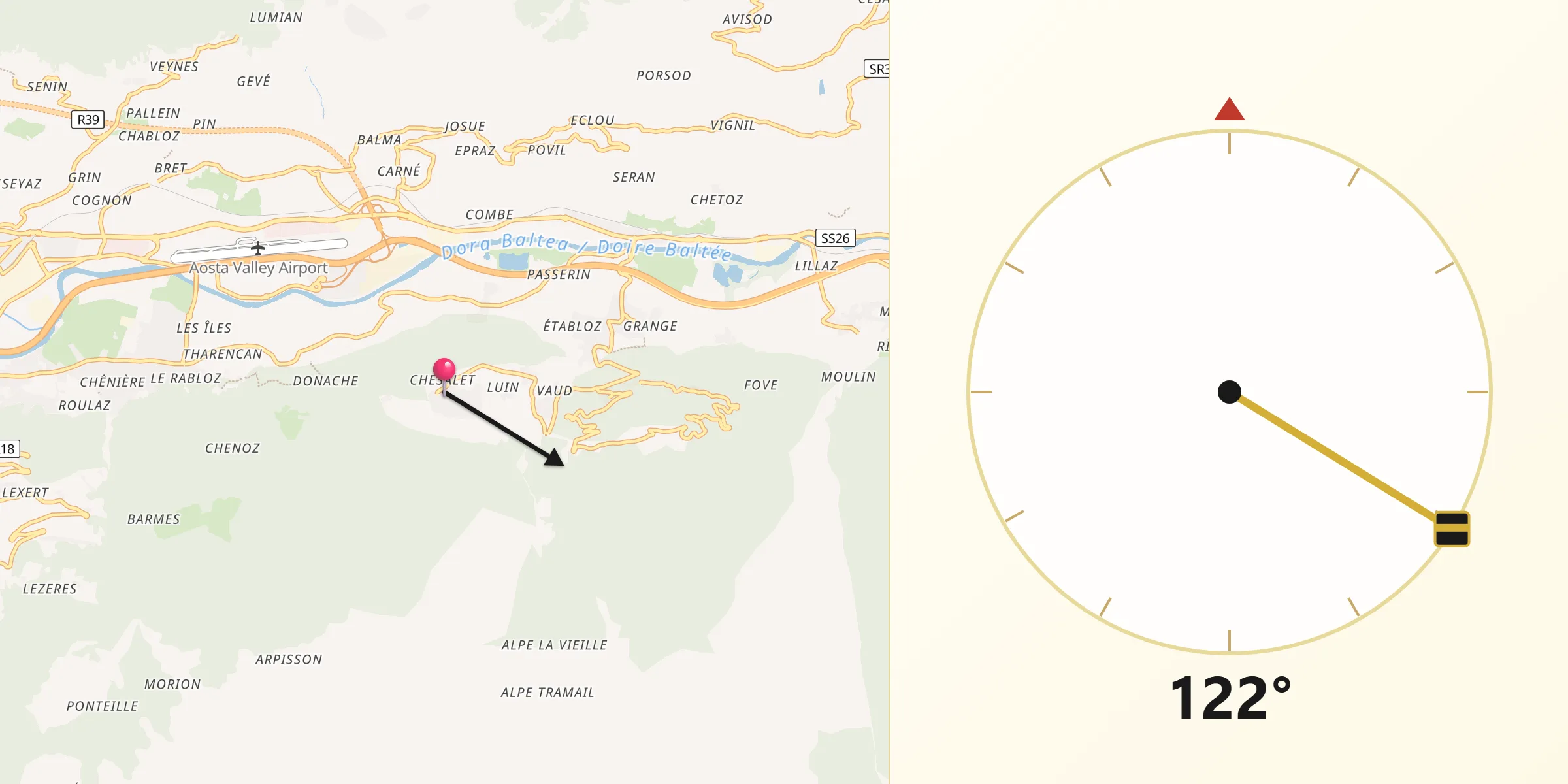 Direzione della Qibla da Grand Brissogne