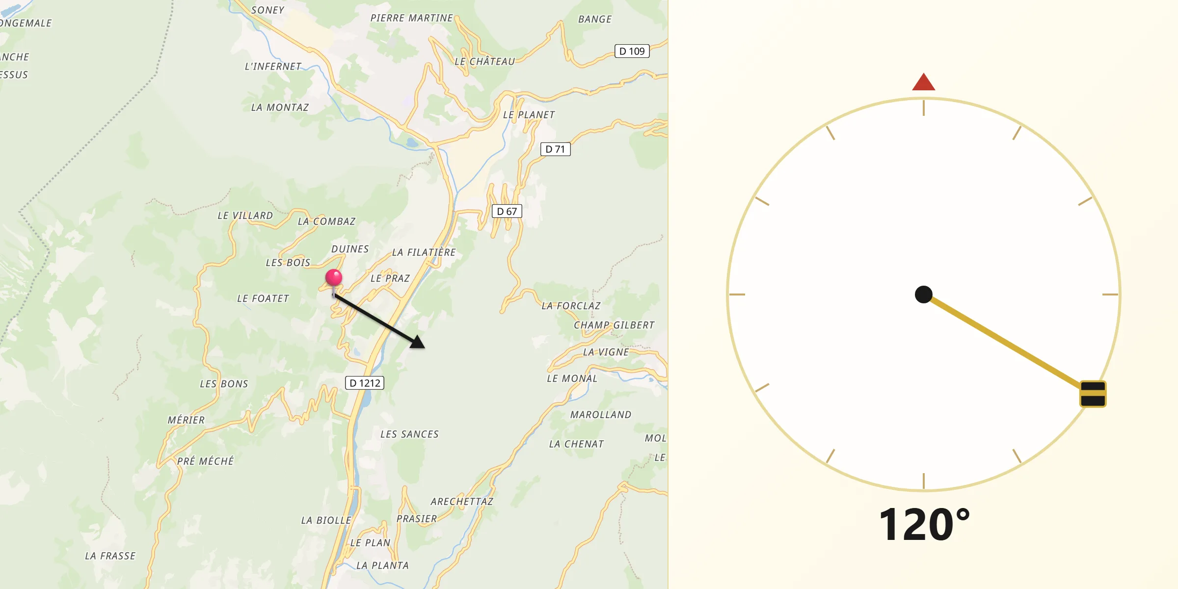 Direction vers la Qibla depuis Marthod