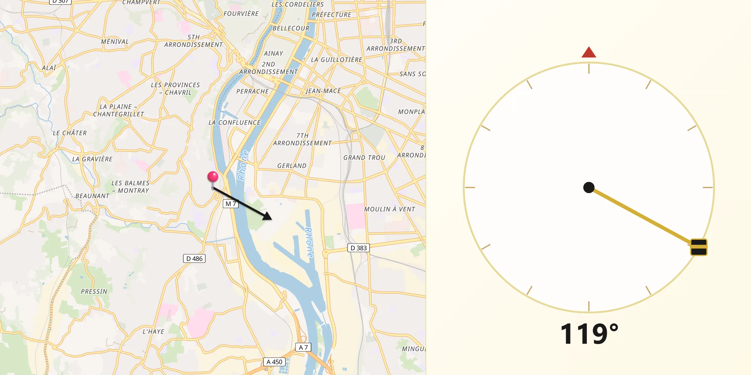 Direction vers la Qibla depuis La Mulatière