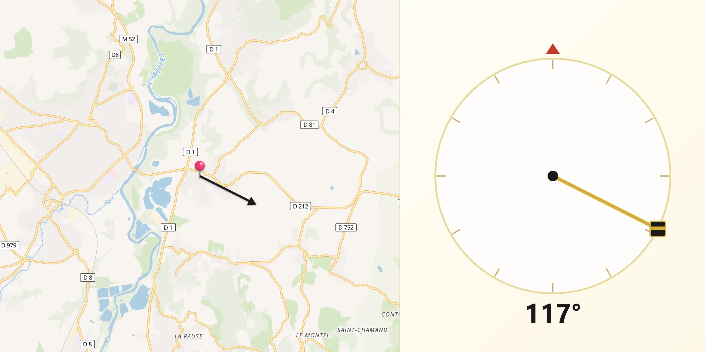Direction vers la Qibla depuis Pérignat-sur-Allier