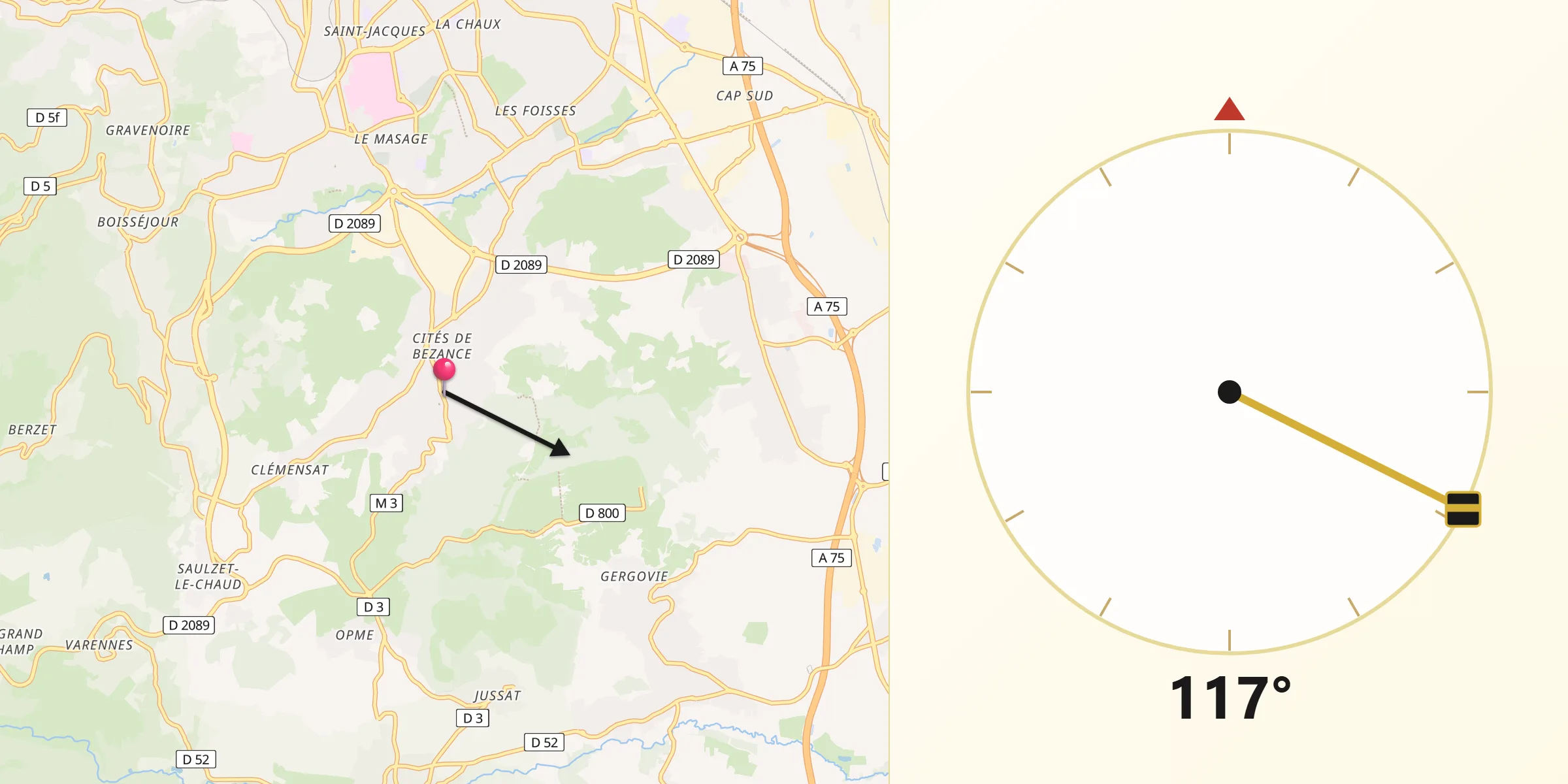 Direction vers la Qibla depuis Romagnat