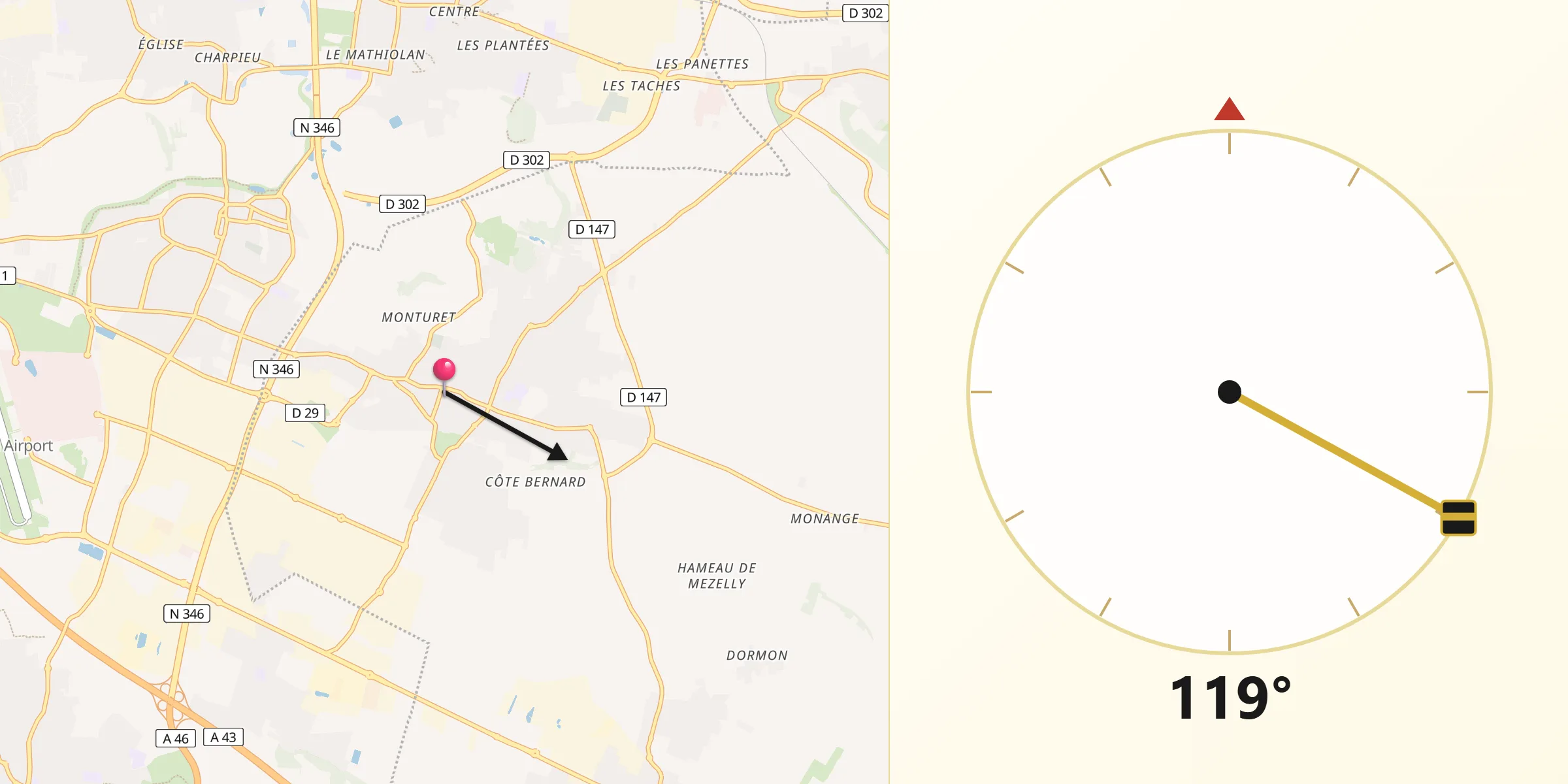 Direction vers la Qibla depuis Genas