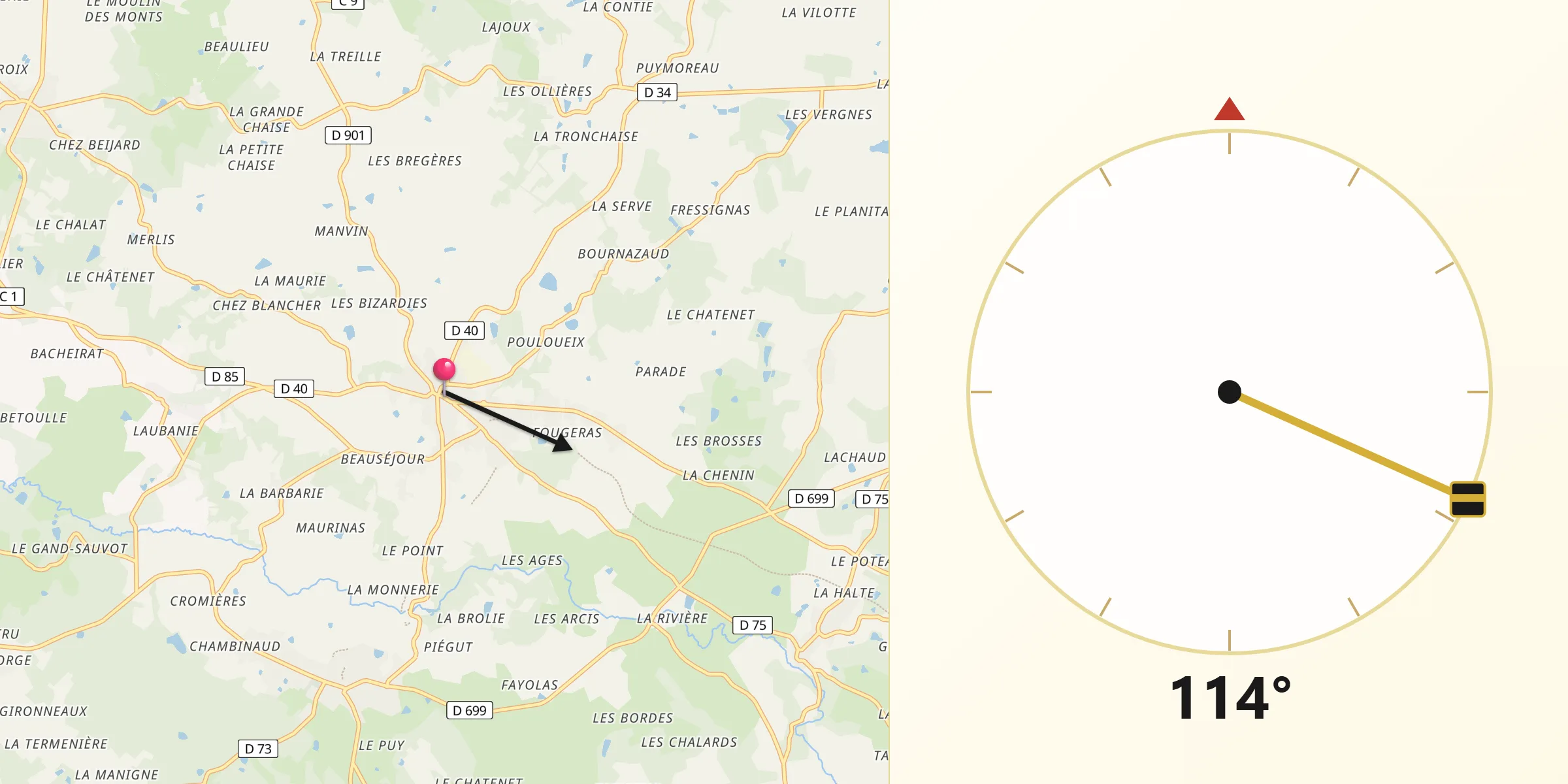 Direction vers la Qibla depuis Oradour-sur-Vayres