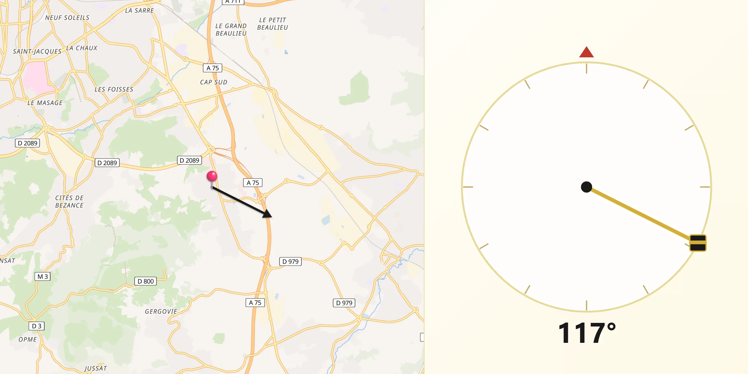 Direction vers la Qibla depuis Pérignat-lès-Sarliève