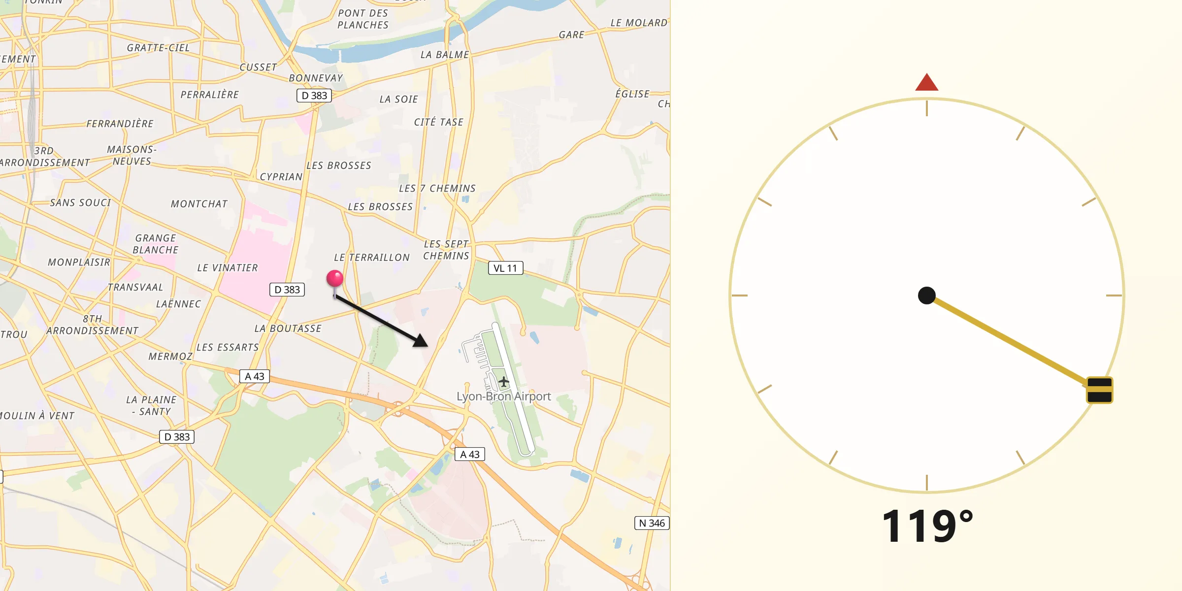 Direction vers la Qibla depuis Bron