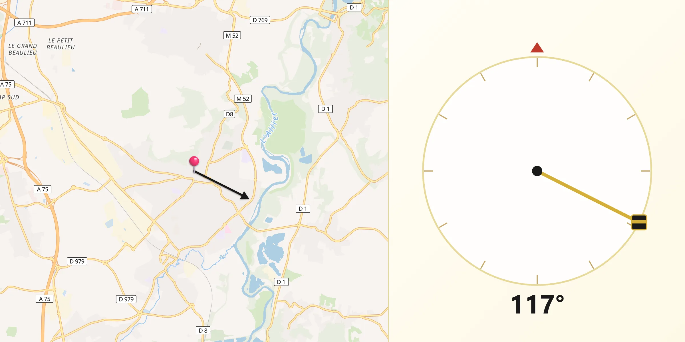 Direction vers la Qibla depuis Cournon-d’Auvergne