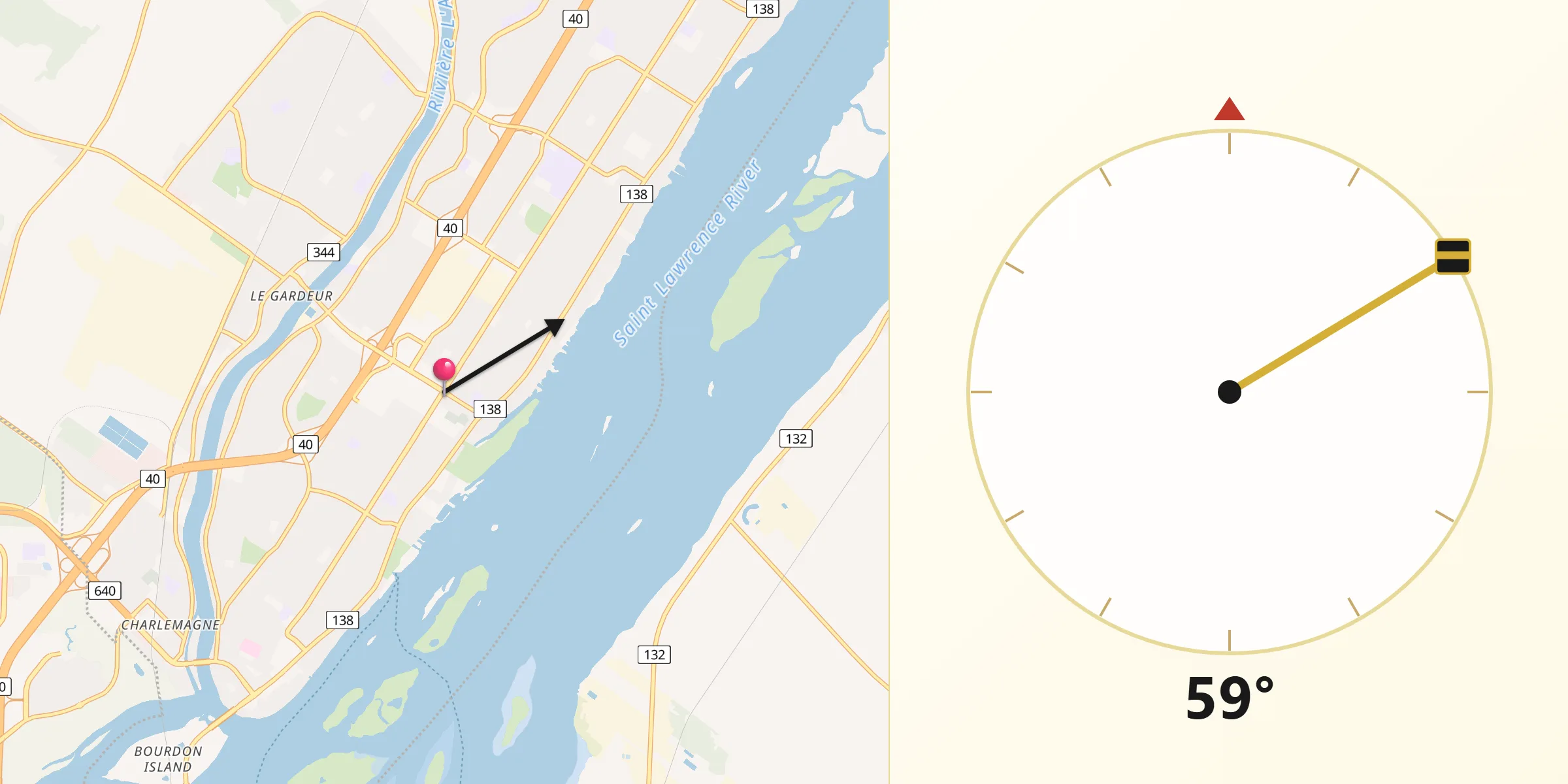 Qibla Direction from Repentigny