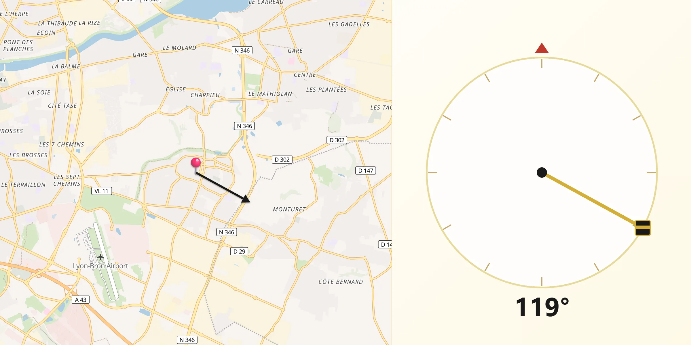 Direction vers la Qibla depuis Chassieu