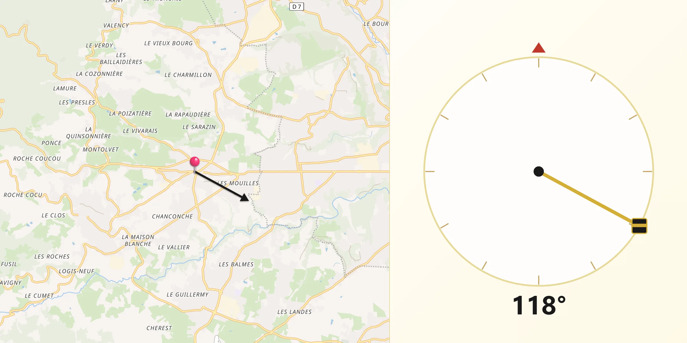 Direction vers la Qibla depuis Grézieu-la-Varenne