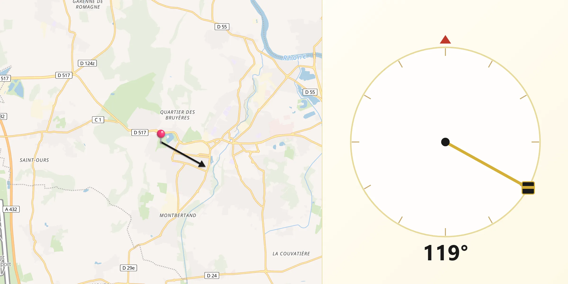 Direction vers la Qibla depuis Charvieu-Chavagneux