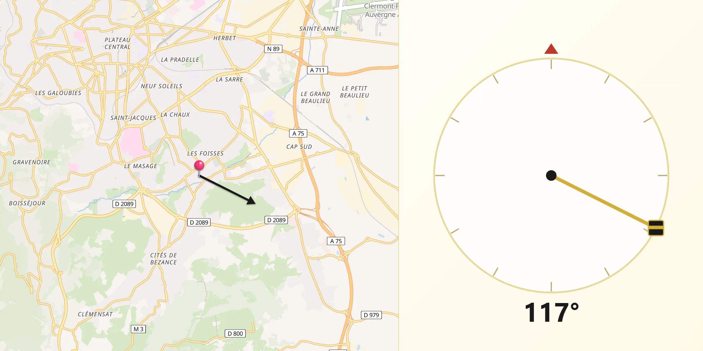 Direction vers la Qibla depuis Aubière