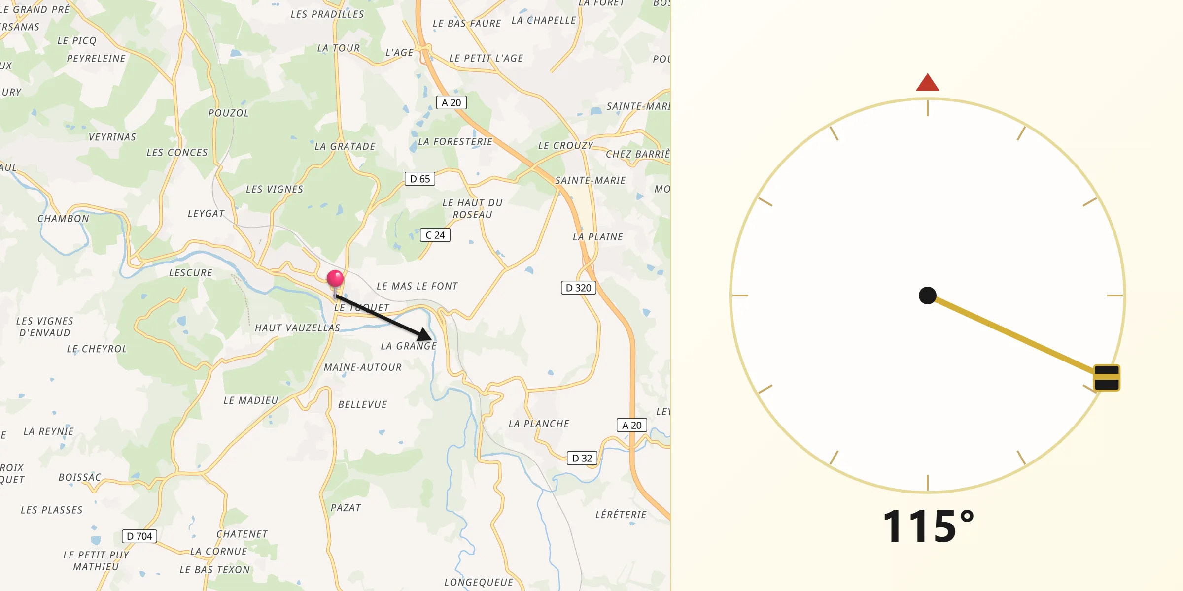 Direction vers la Qibla depuis Le Vigen