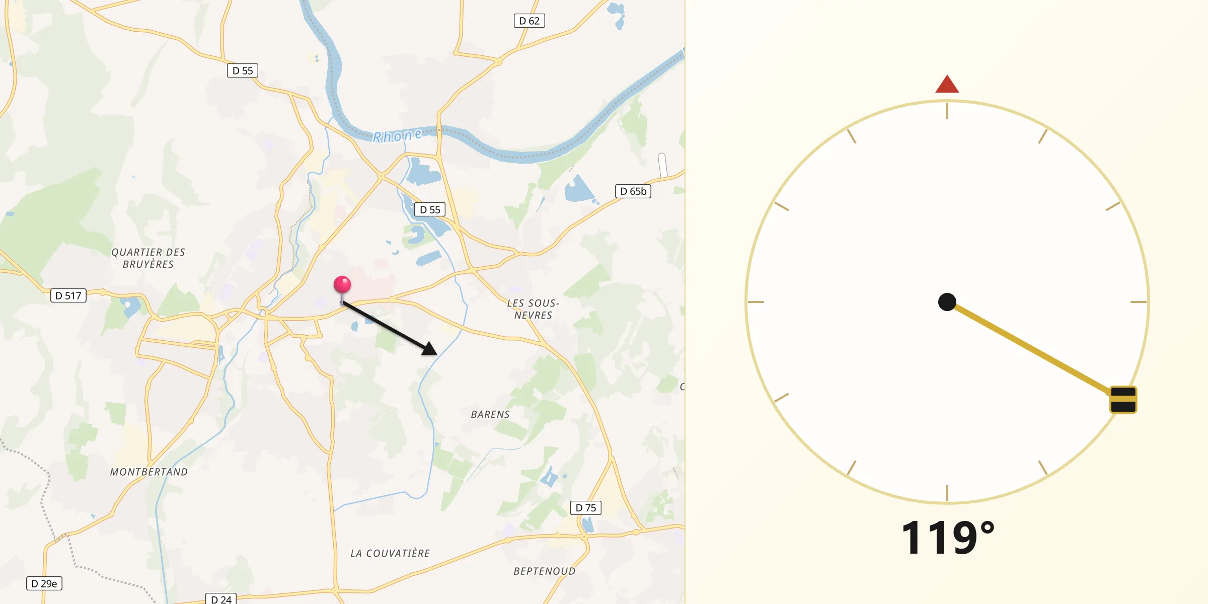 Direction vers la Qibla depuis Tignieu