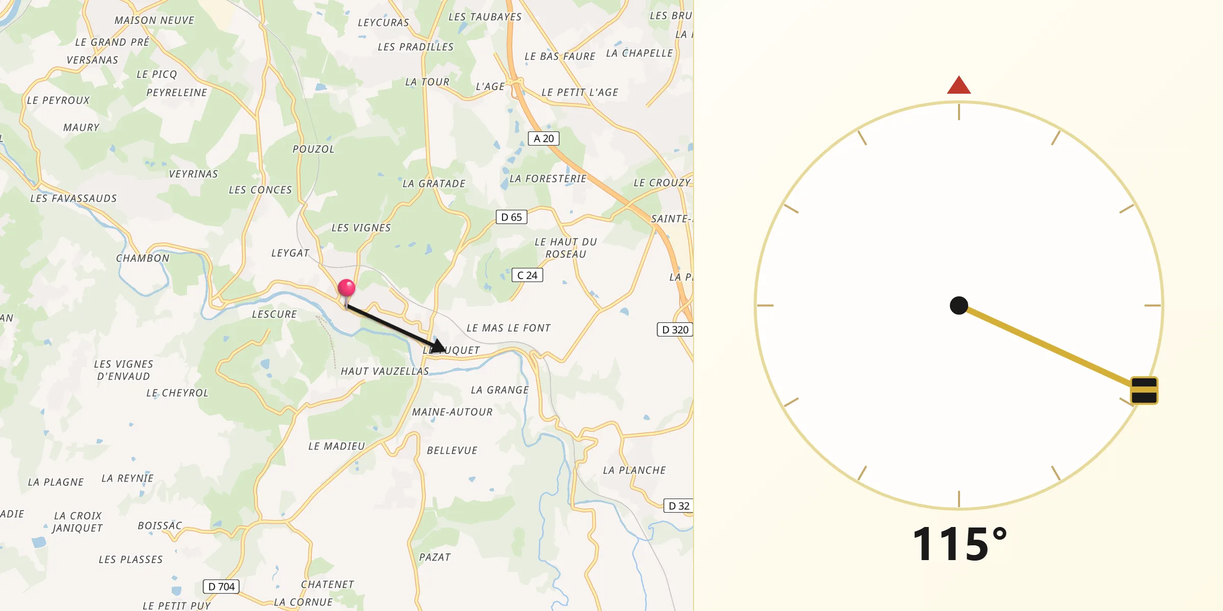 Direction vers la Qibla depuis Solignac