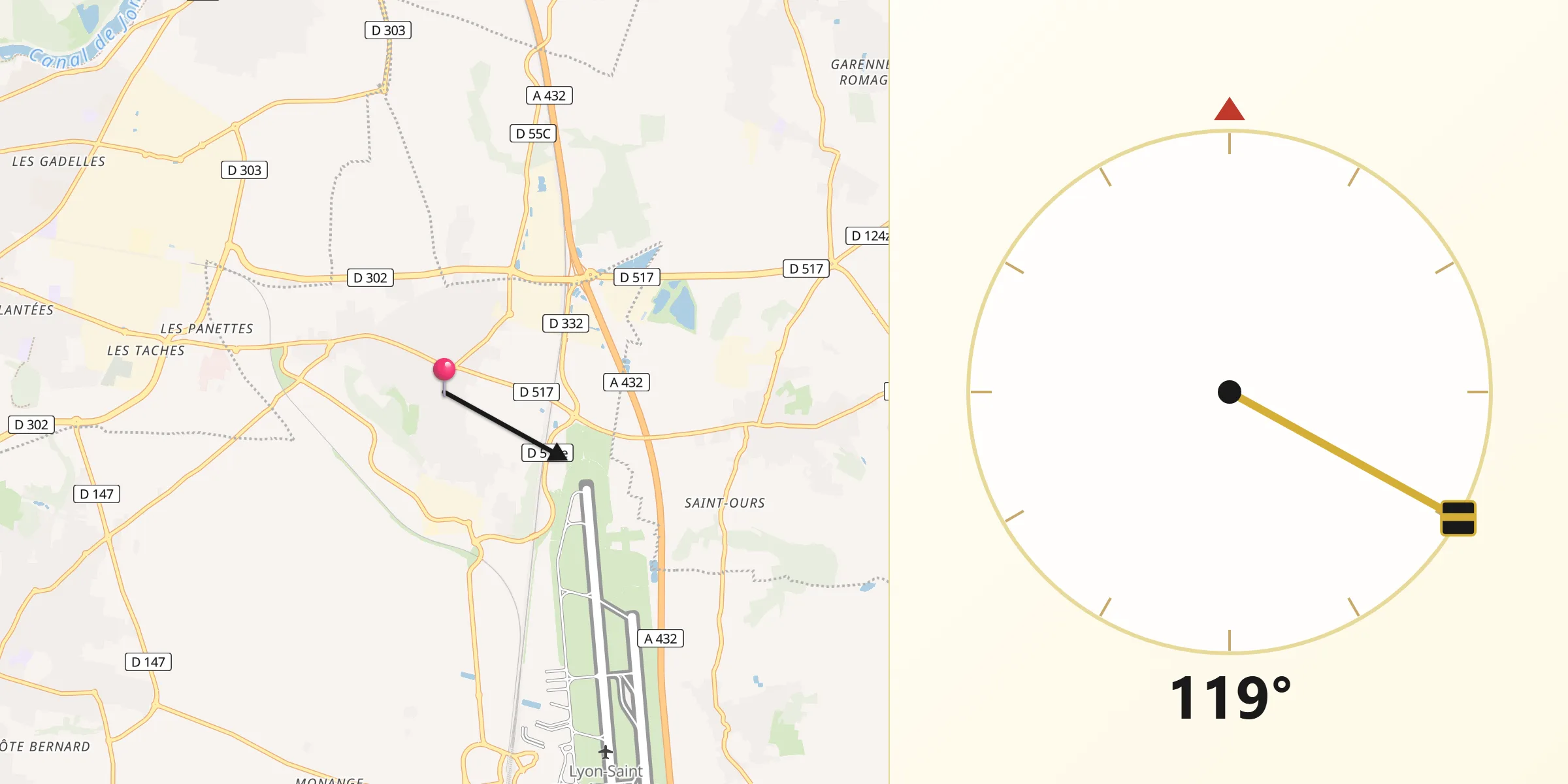 Direction vers la Qibla depuis Pusignan