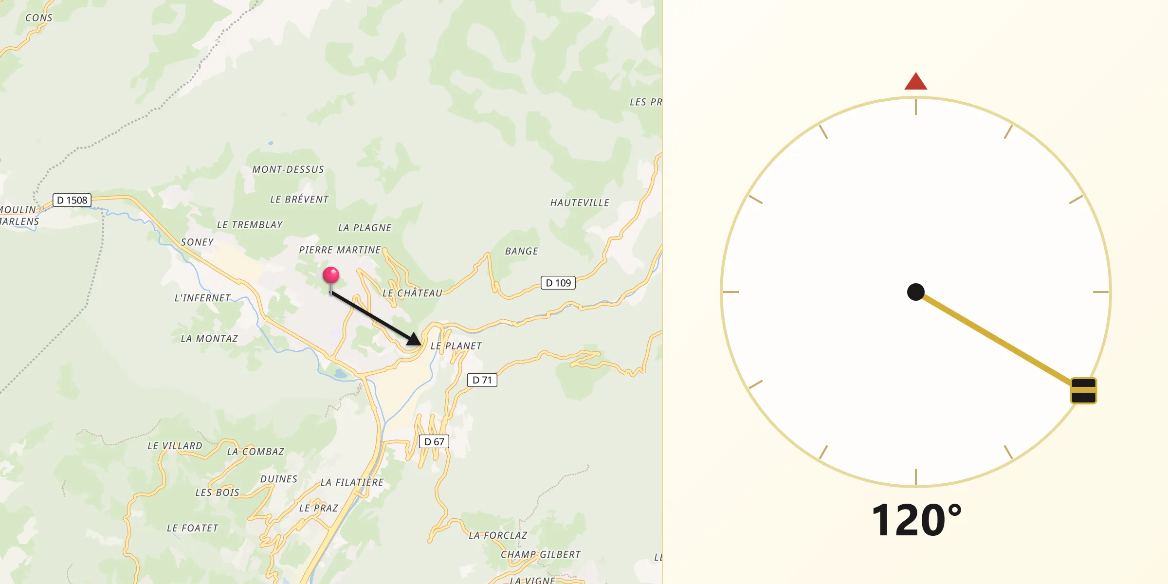 Direction vers la Qibla depuis Ugine