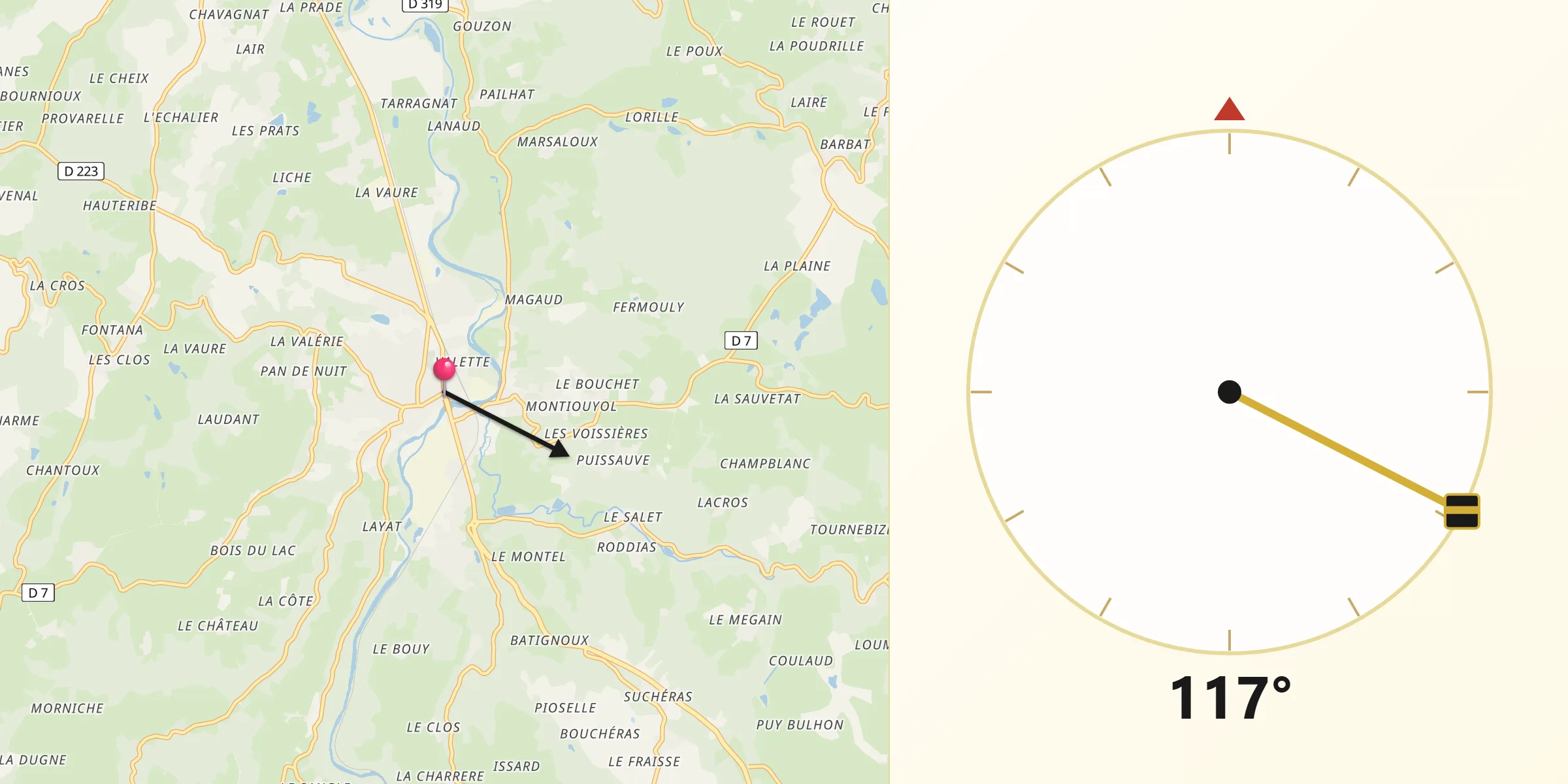 Direction vers la Qibla depuis Courpière