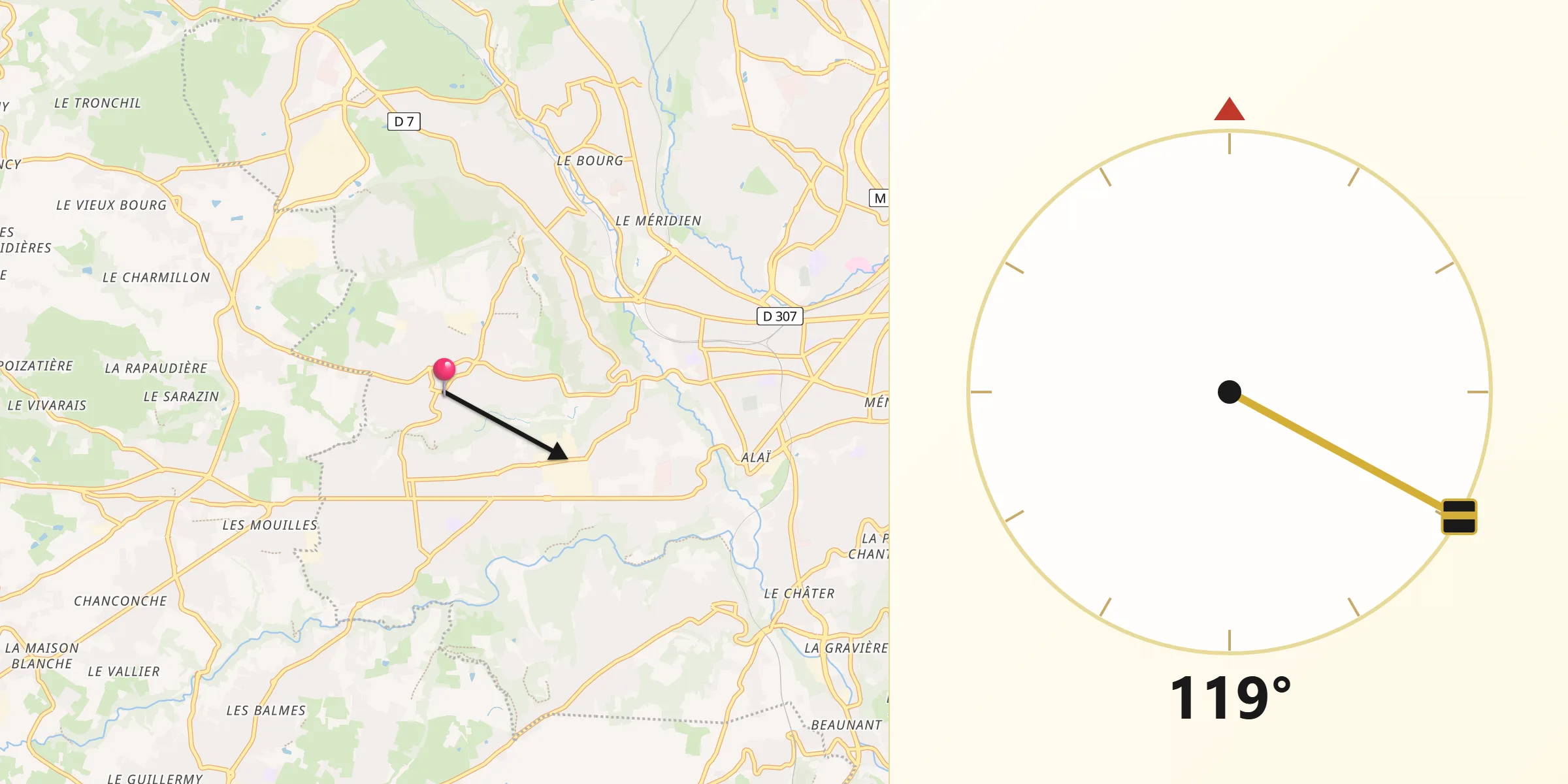 Direction vers la Qibla depuis Saint-Genis-les-Ollières