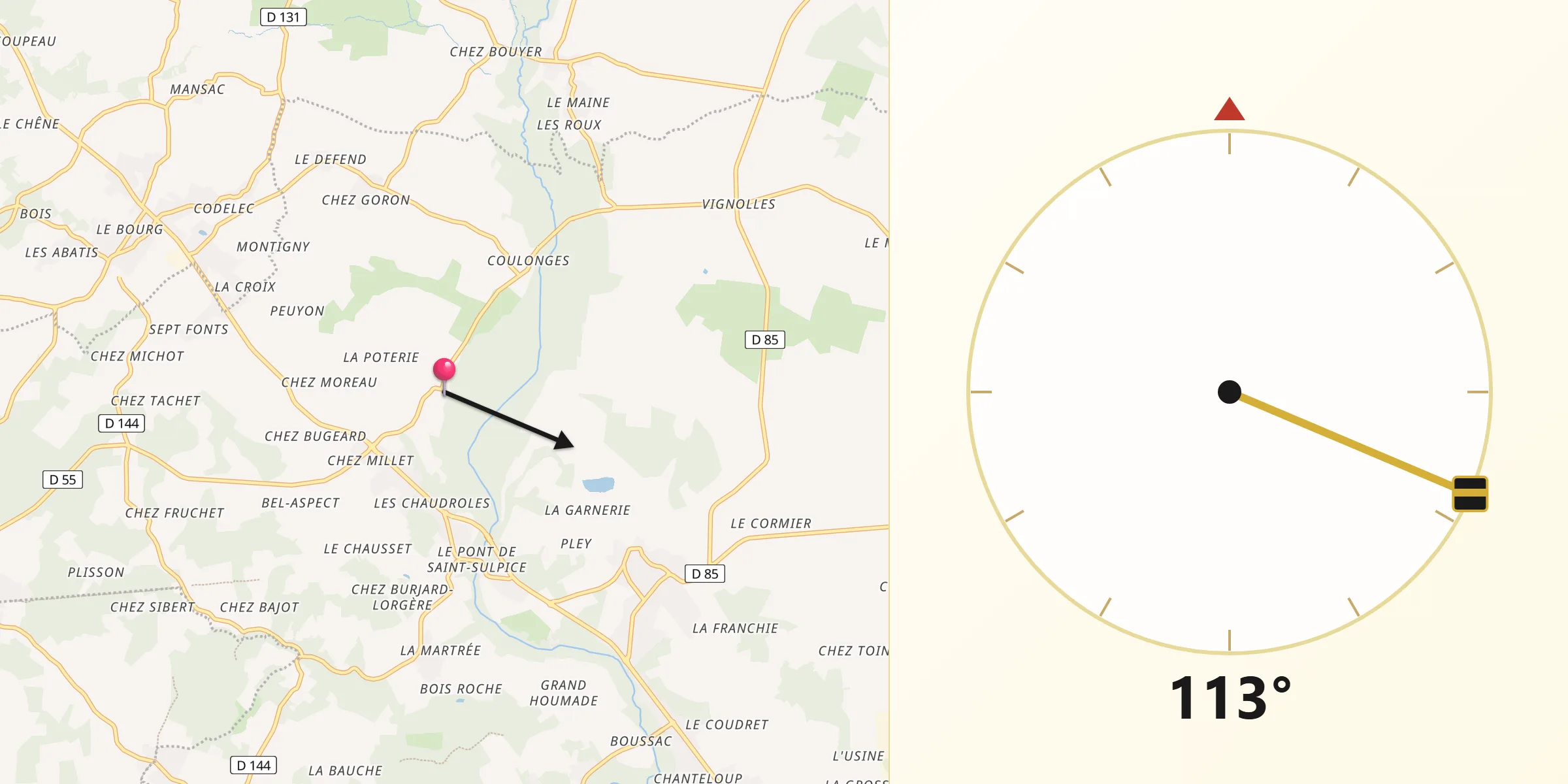 Direction vers la Qibla depuis Saint-Sulpice-de-Cognac