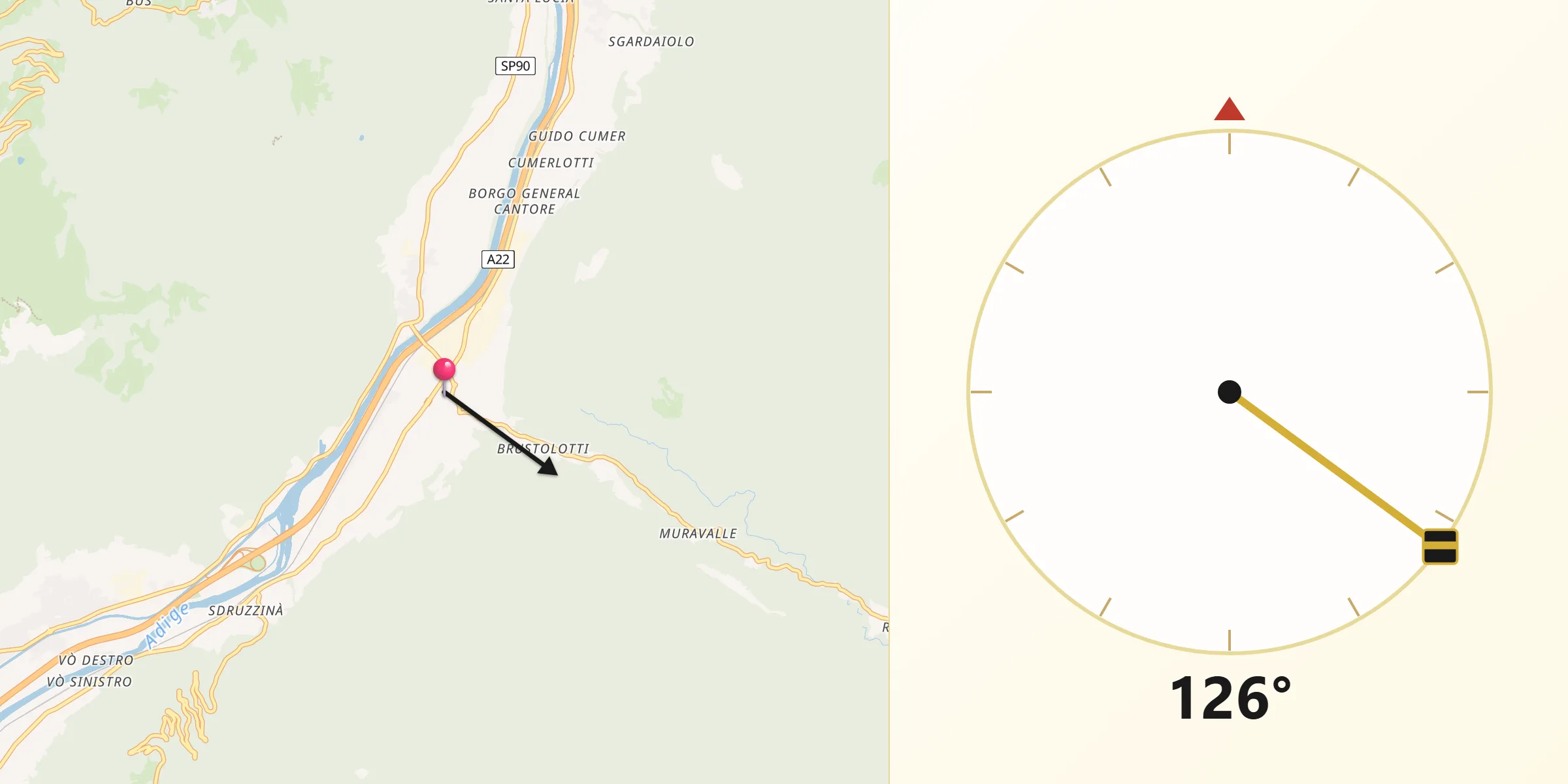 Direzione della Qibla da Ala