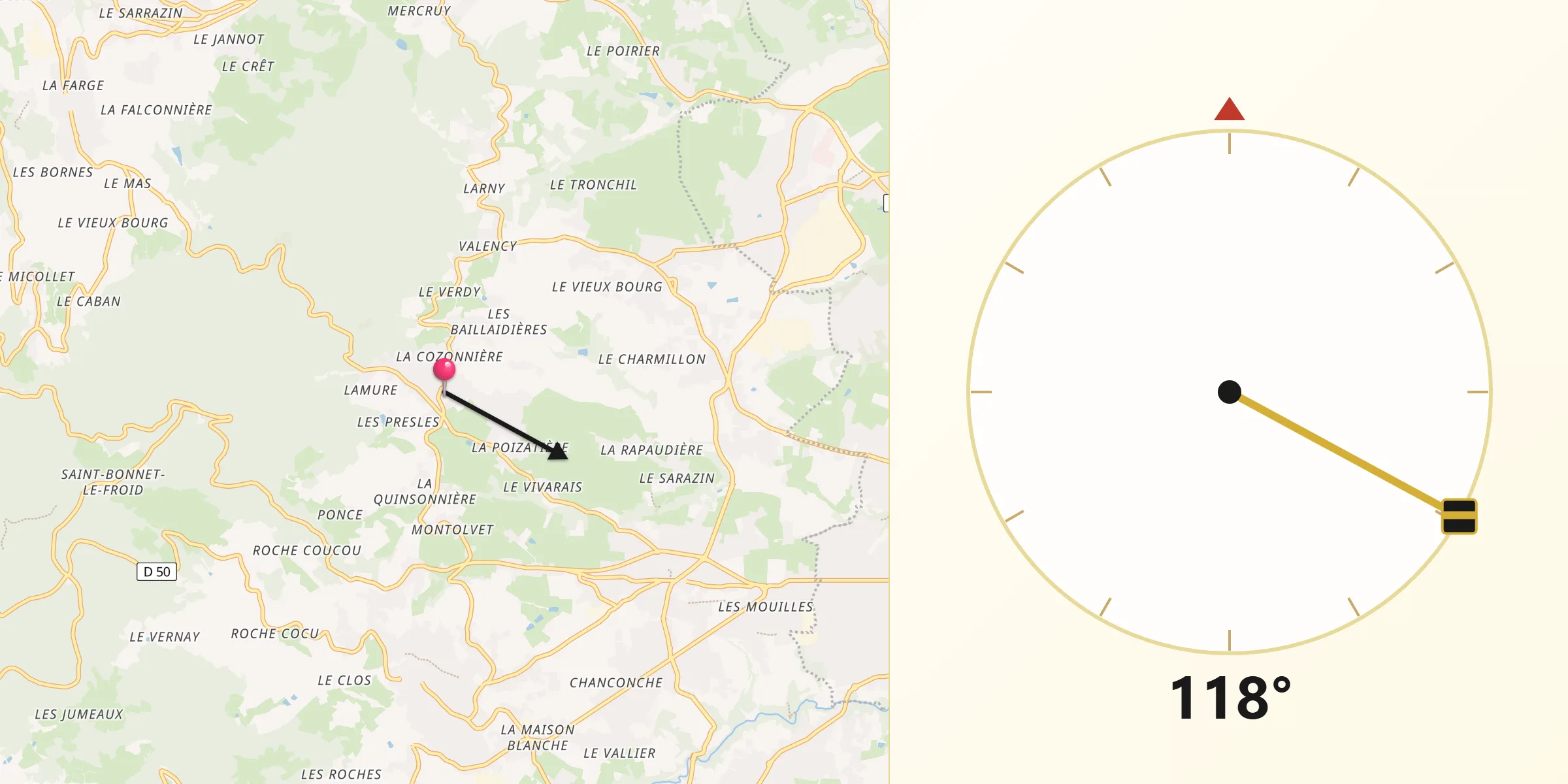 Direction vers la Qibla depuis Pollionnay