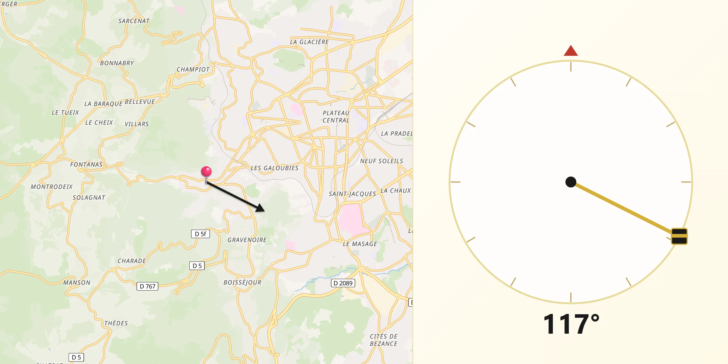 Direction vers la Qibla depuis Royat