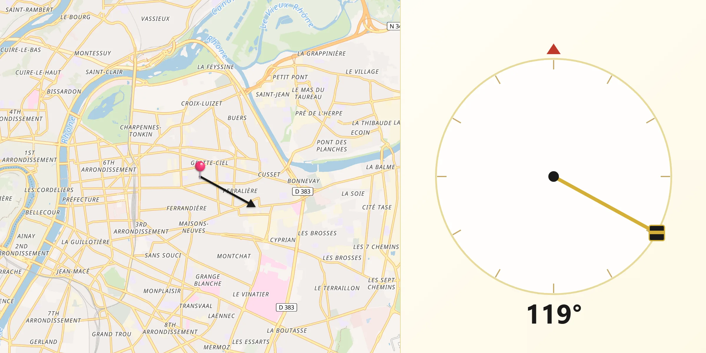 Kierunek Qibla z Villeurbanne