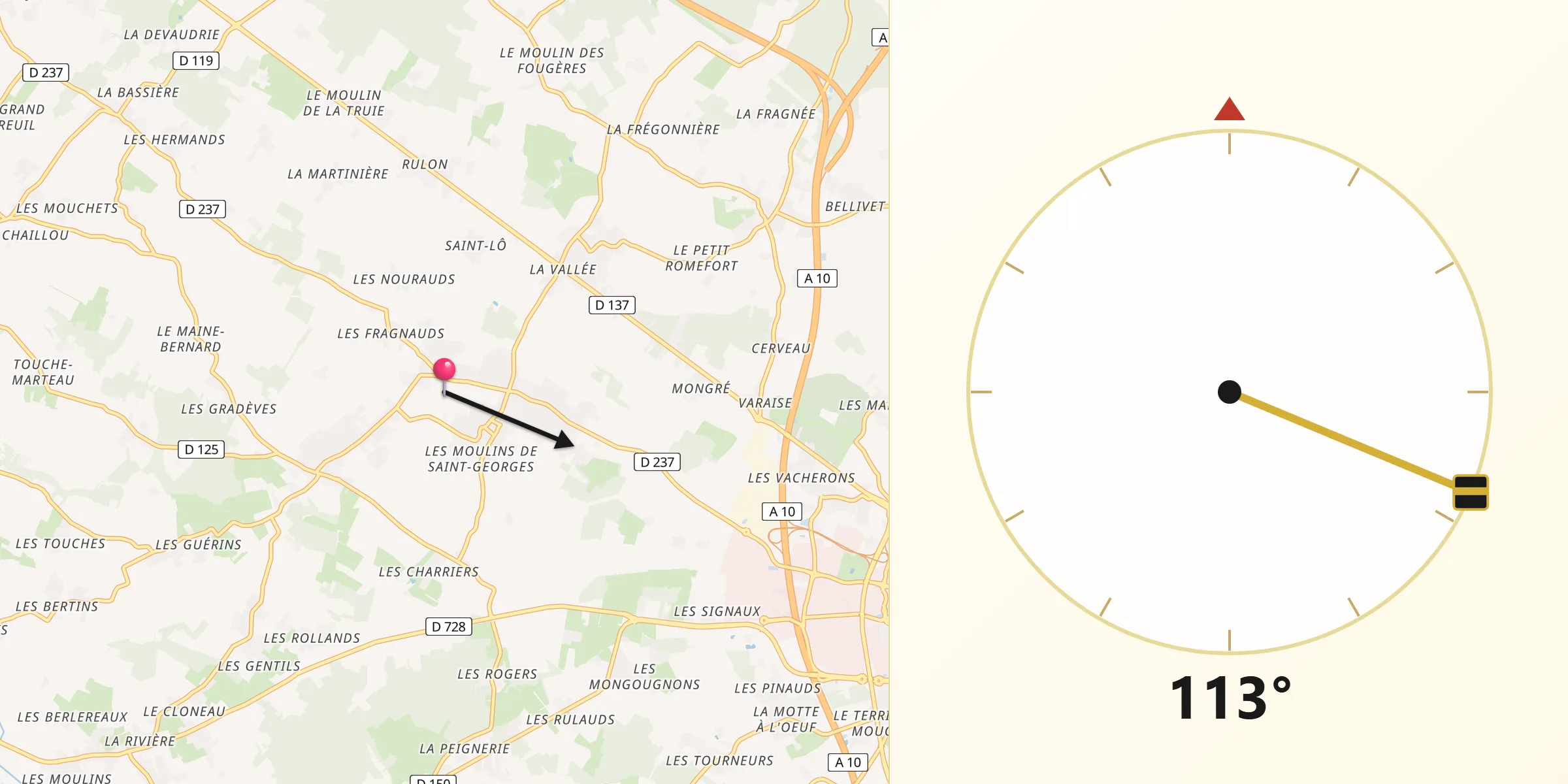 Direction vers la Qibla depuis Saint-Georges-des-Coteaux