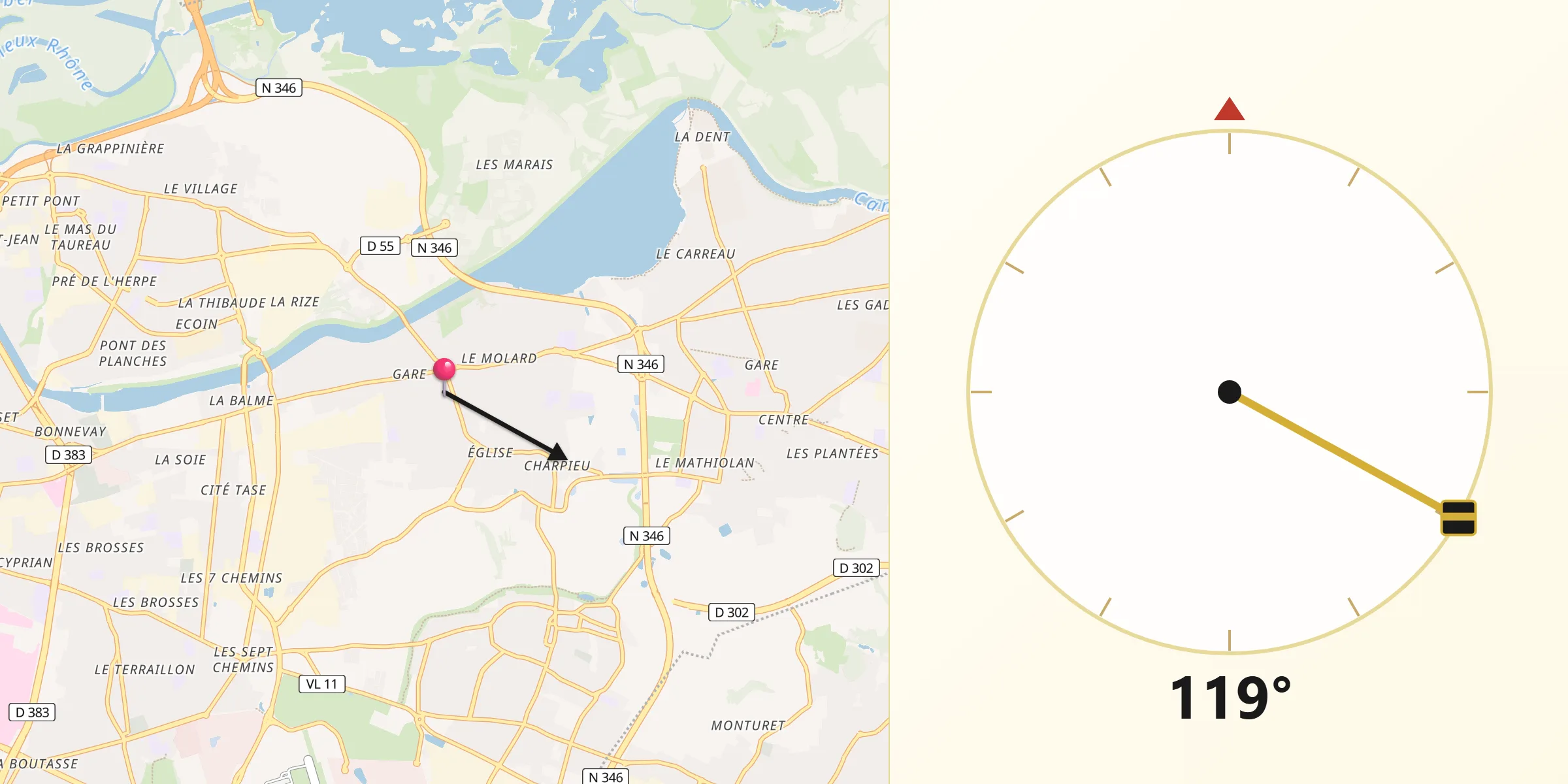 Direction vers la Qibla depuis Décines-Charpieu