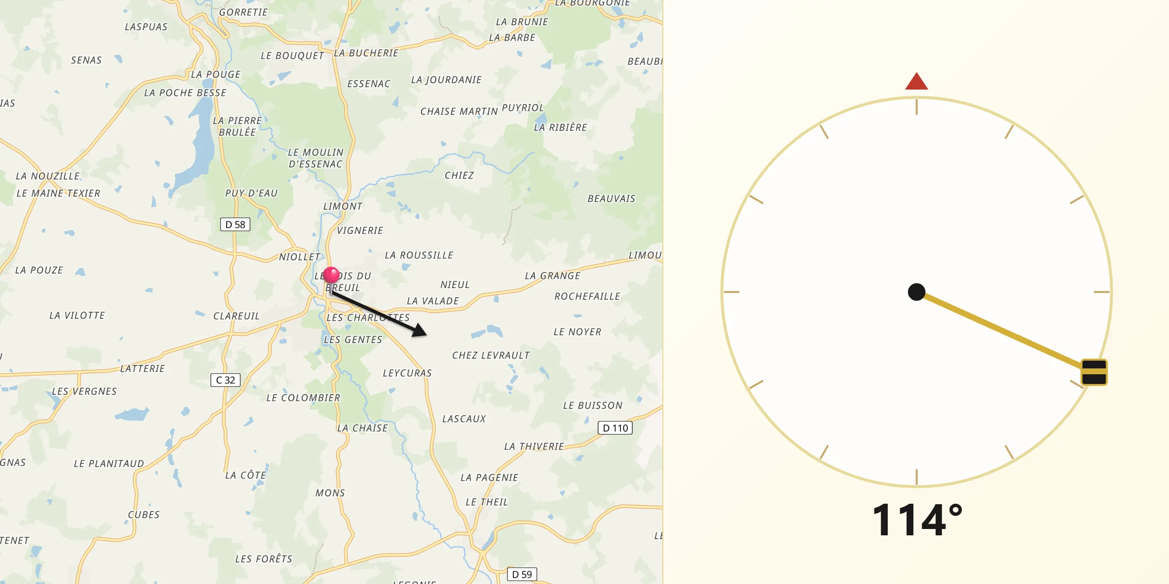 Direction vers la Qibla depuis Saint-Laurent-sur-Gorre