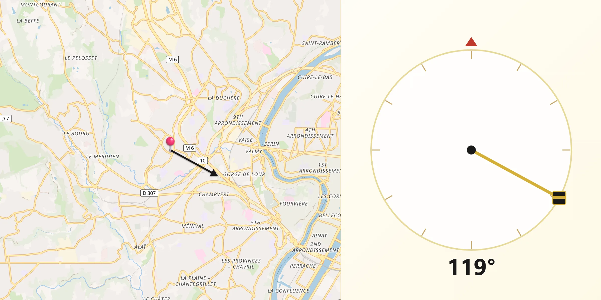 Direction vers la Qibla depuis Écully