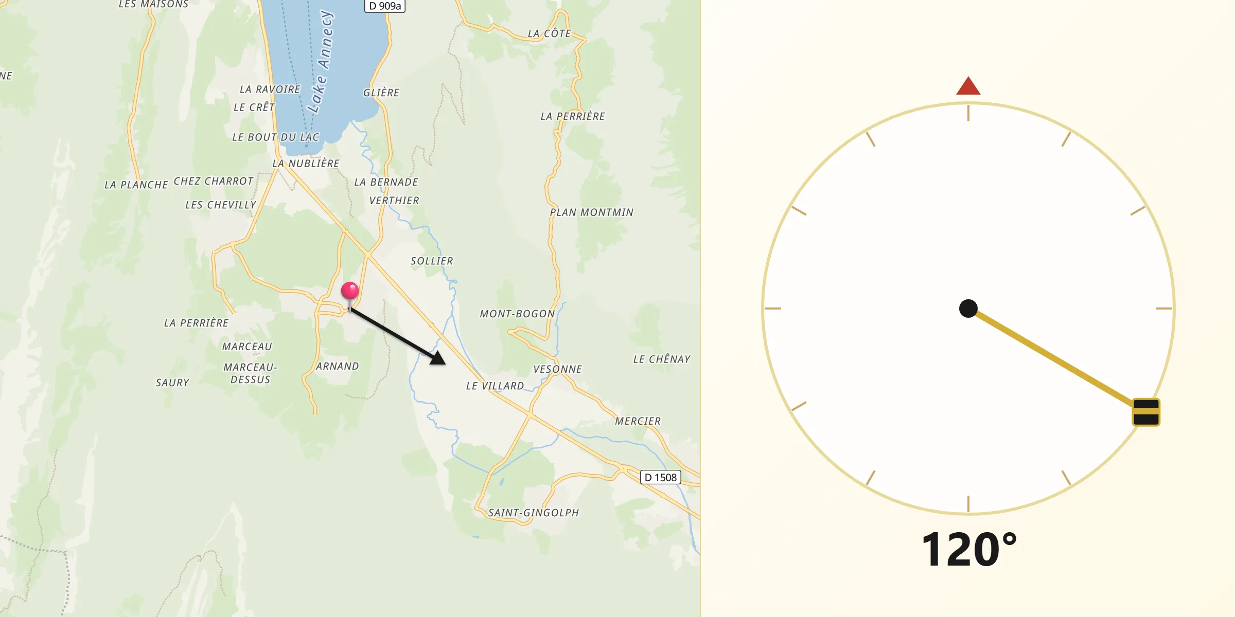 Direction vers la Qibla depuis Doussard