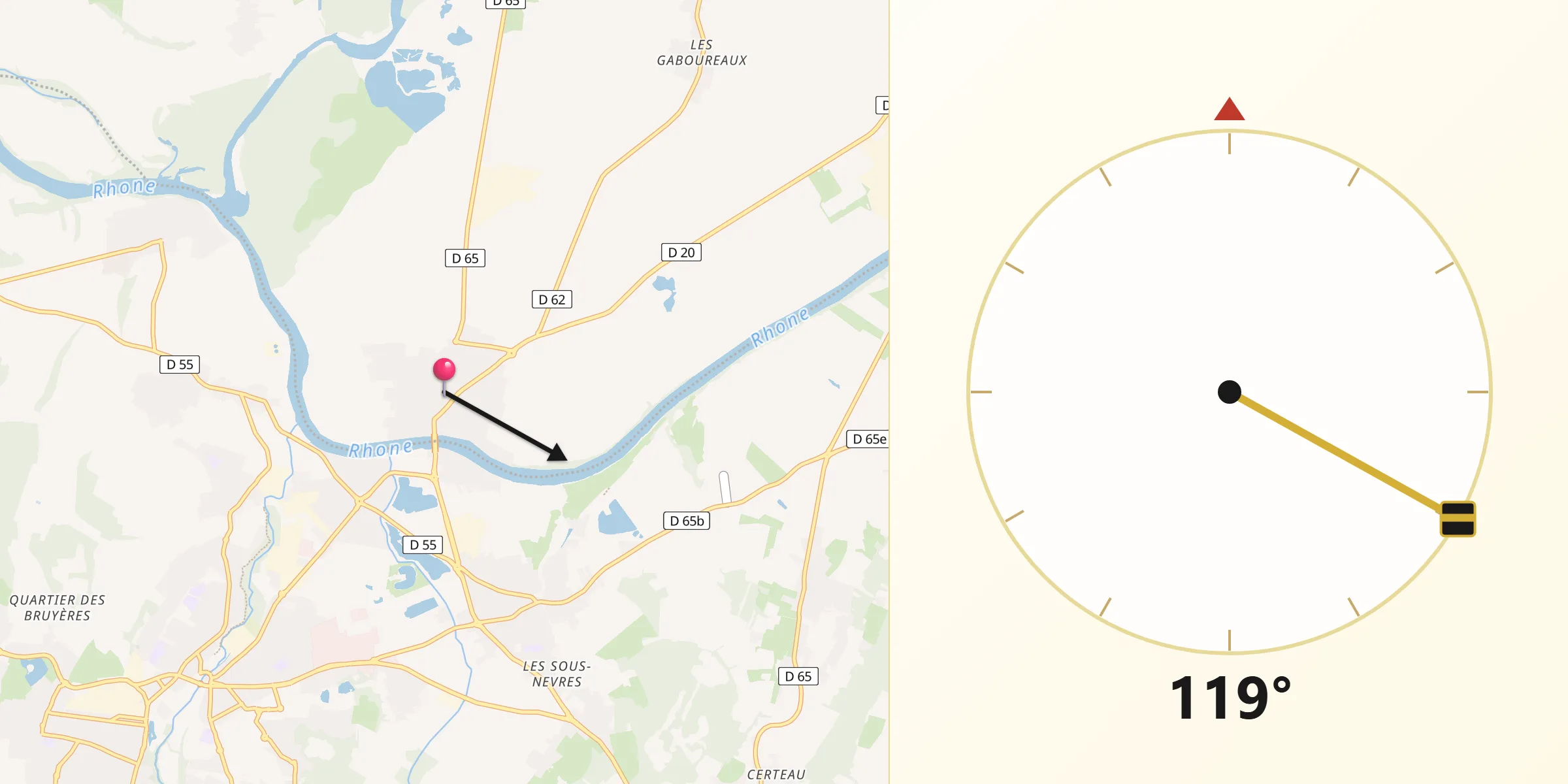 Direction vers la Qibla depuis Loyettes
