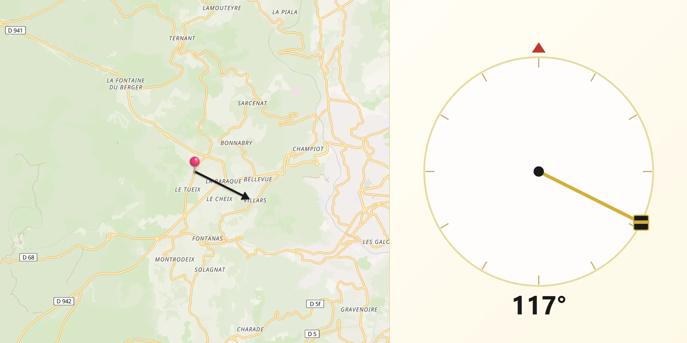 Direction vers la Qibla depuis Orcines