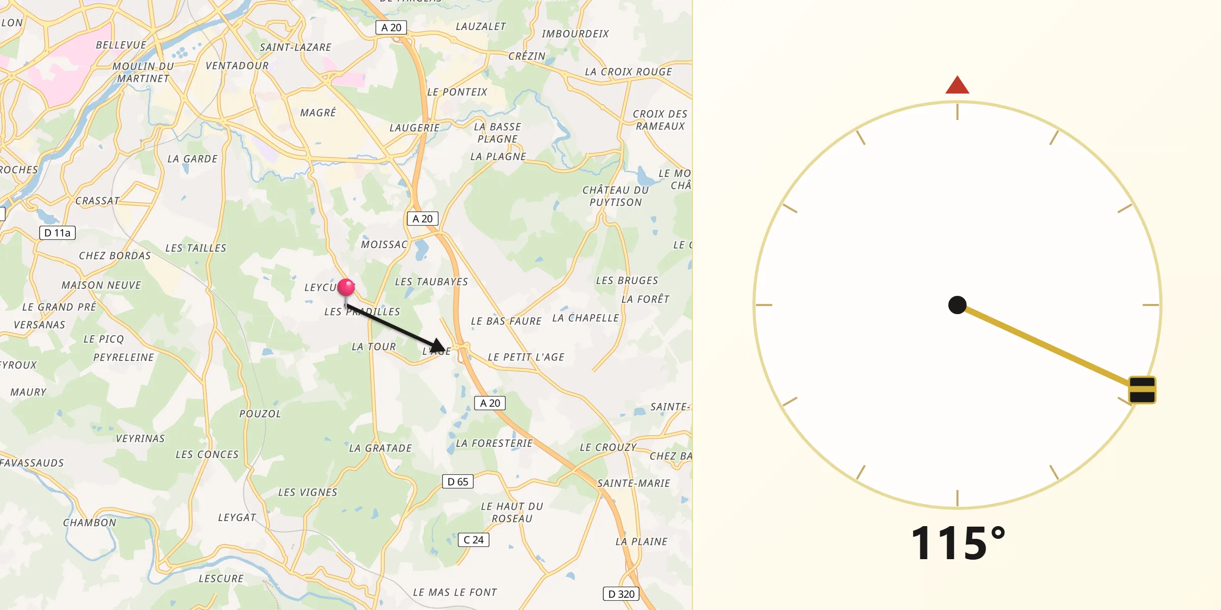 Direction vers la Qibla depuis Condat-sur-Vienne
