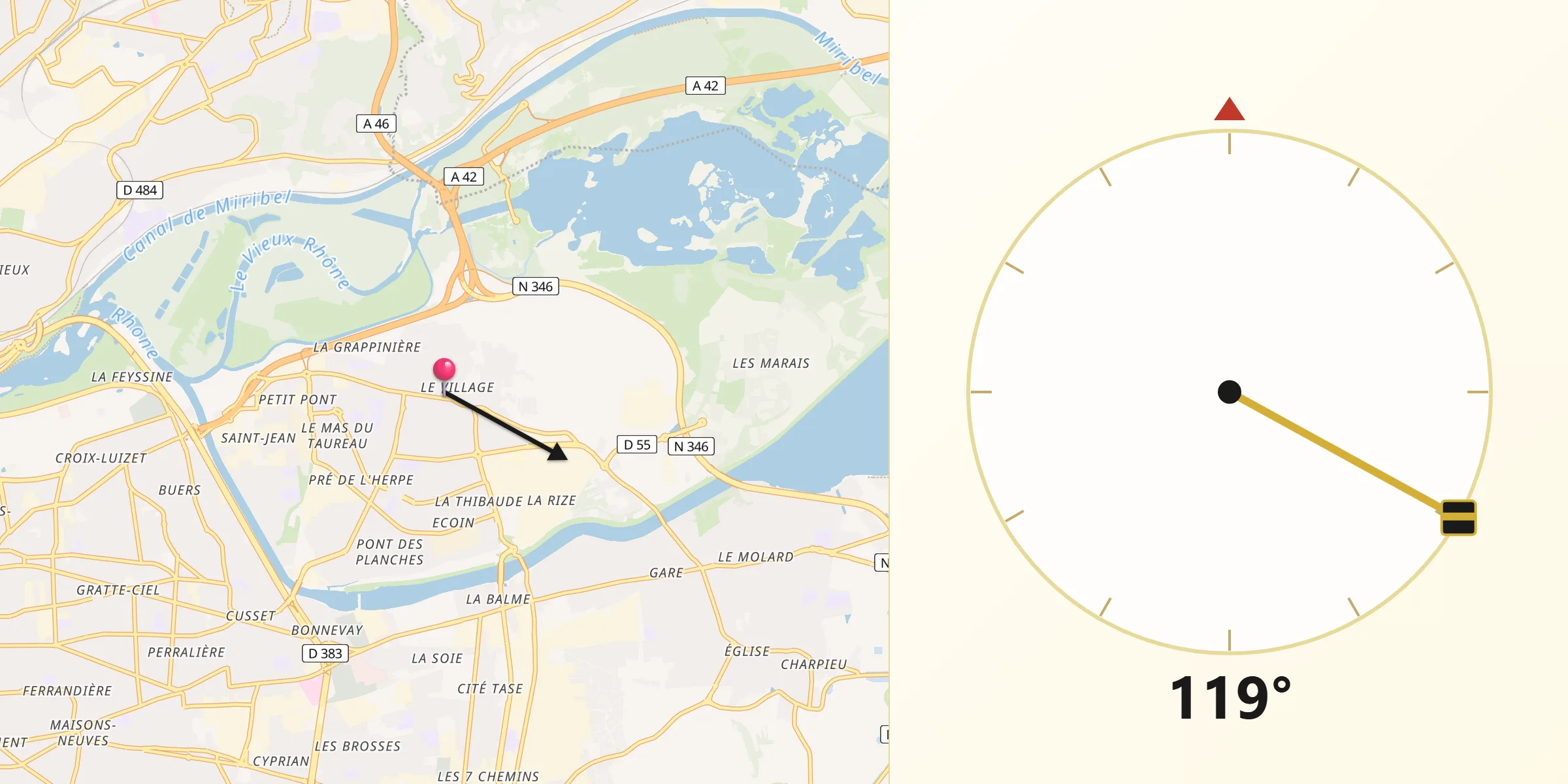 Direction vers la Qibla depuis Vaulx-en-Velin